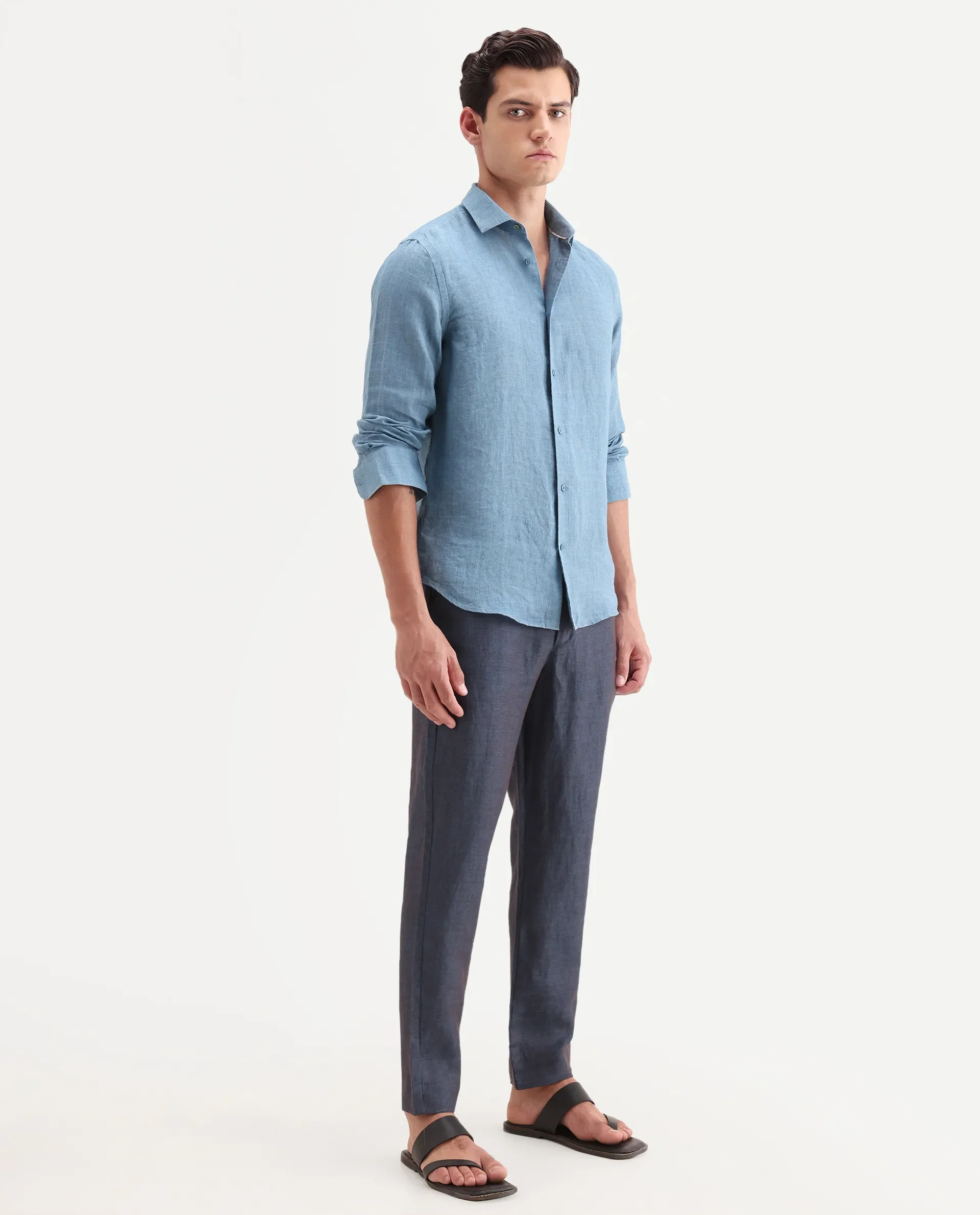 Rare Rabbit Men's Borium-T Dark Blue Linen Fabric Regular Fit Plain Trouser - Image 6