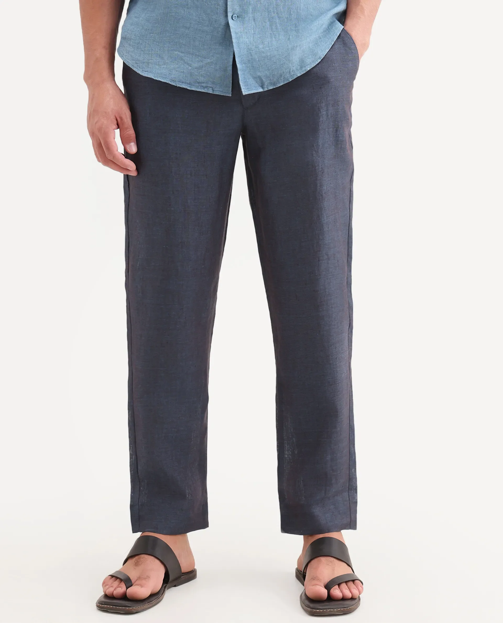 Rare Rabbit Men's Borium-T Dark Blue Linen Fabric Regular Fit Plain Trouser - Image 9