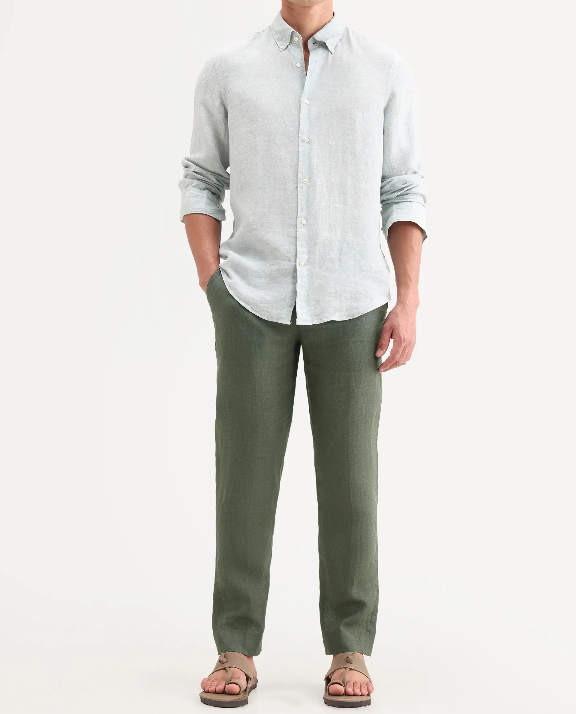 Rare Rabbit Men's Borium-T Dusky Green Linen Fabric Regular Fit Plain Trouser - Image 2