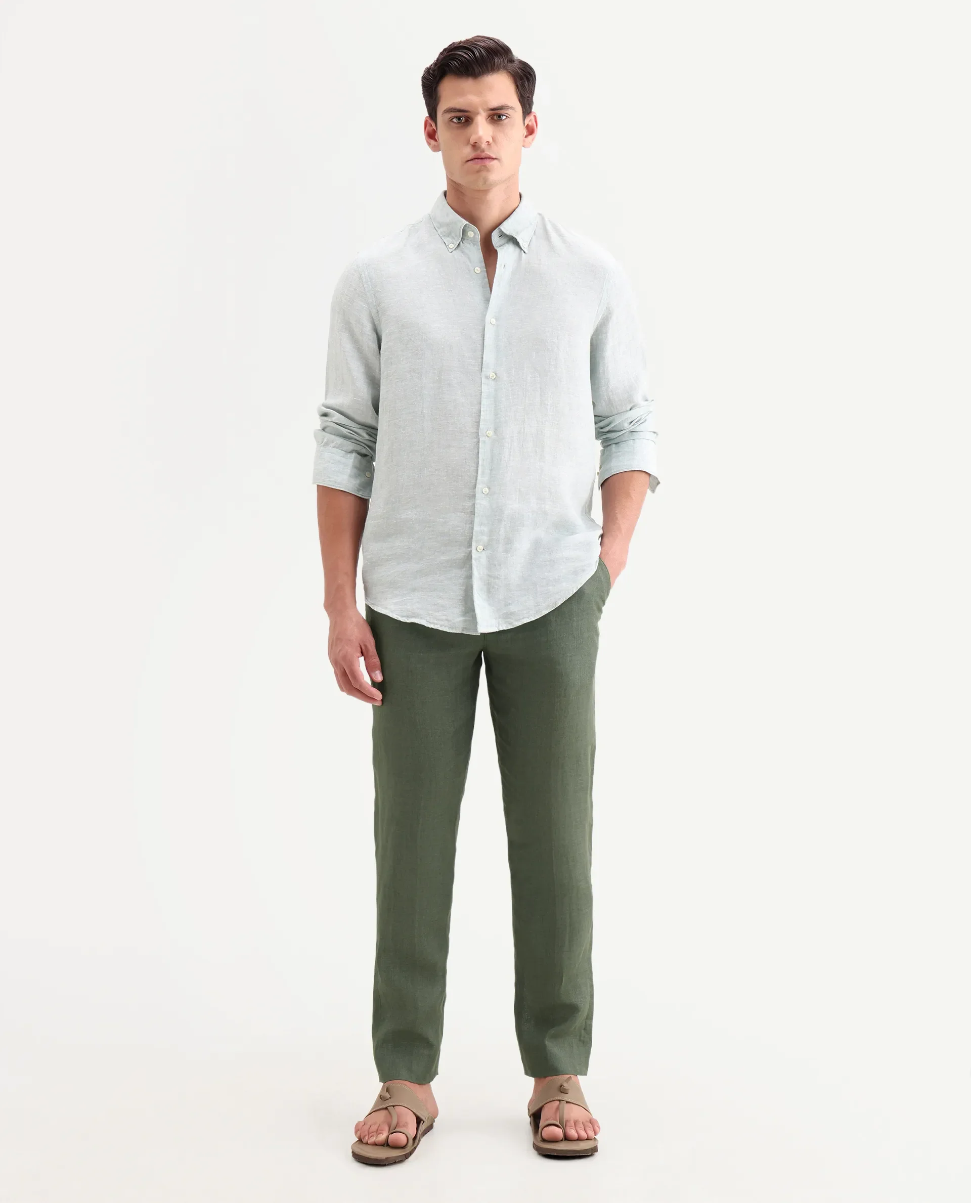 Rare Rabbit Men's Borium-T Dusky Green Linen Fabric Regular Fit Plain Trouser - Image 4