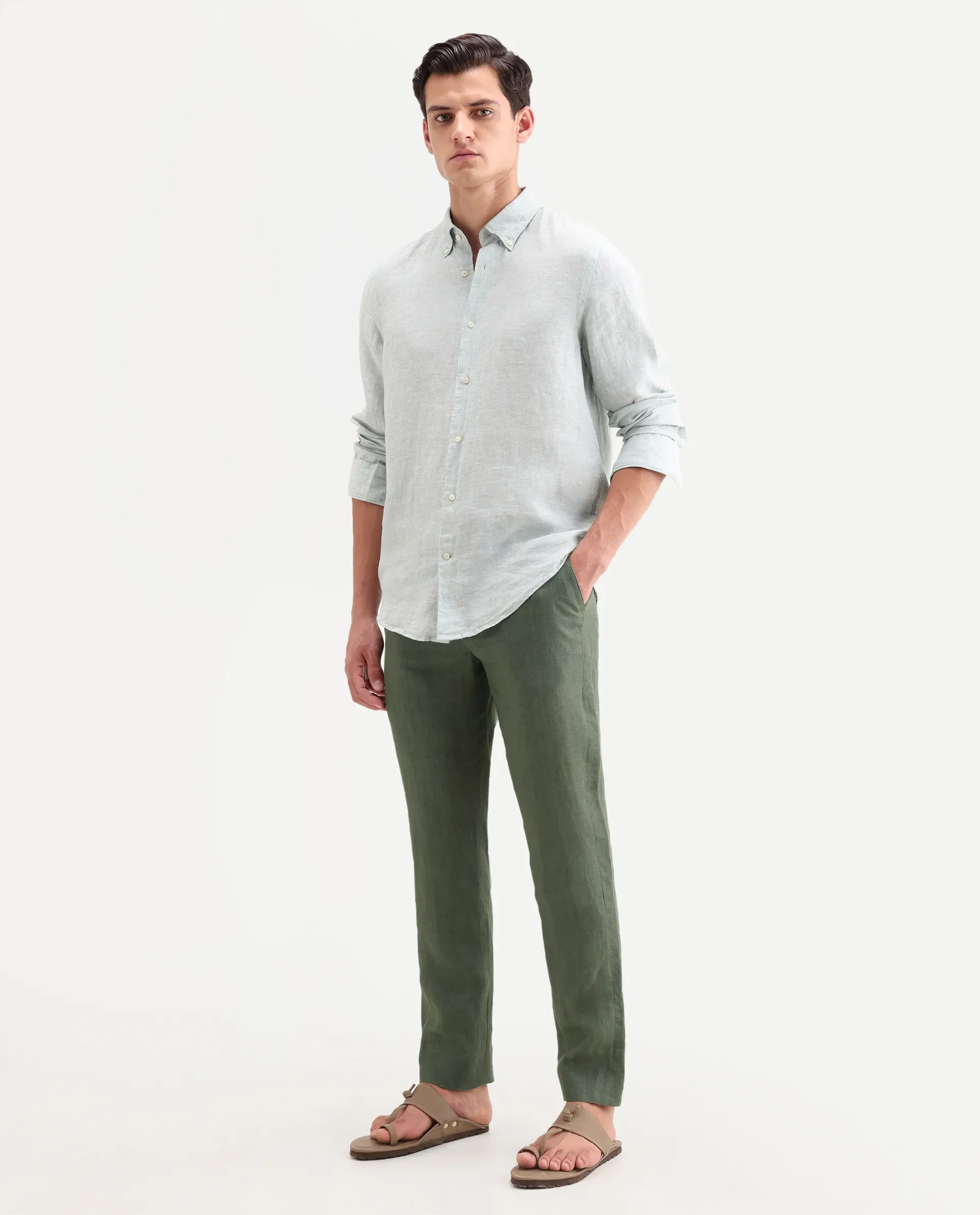 Rare Rabbit Men's Borium-T Dusky Green Linen Fabric Regular Fit Plain Trouser - Image 5