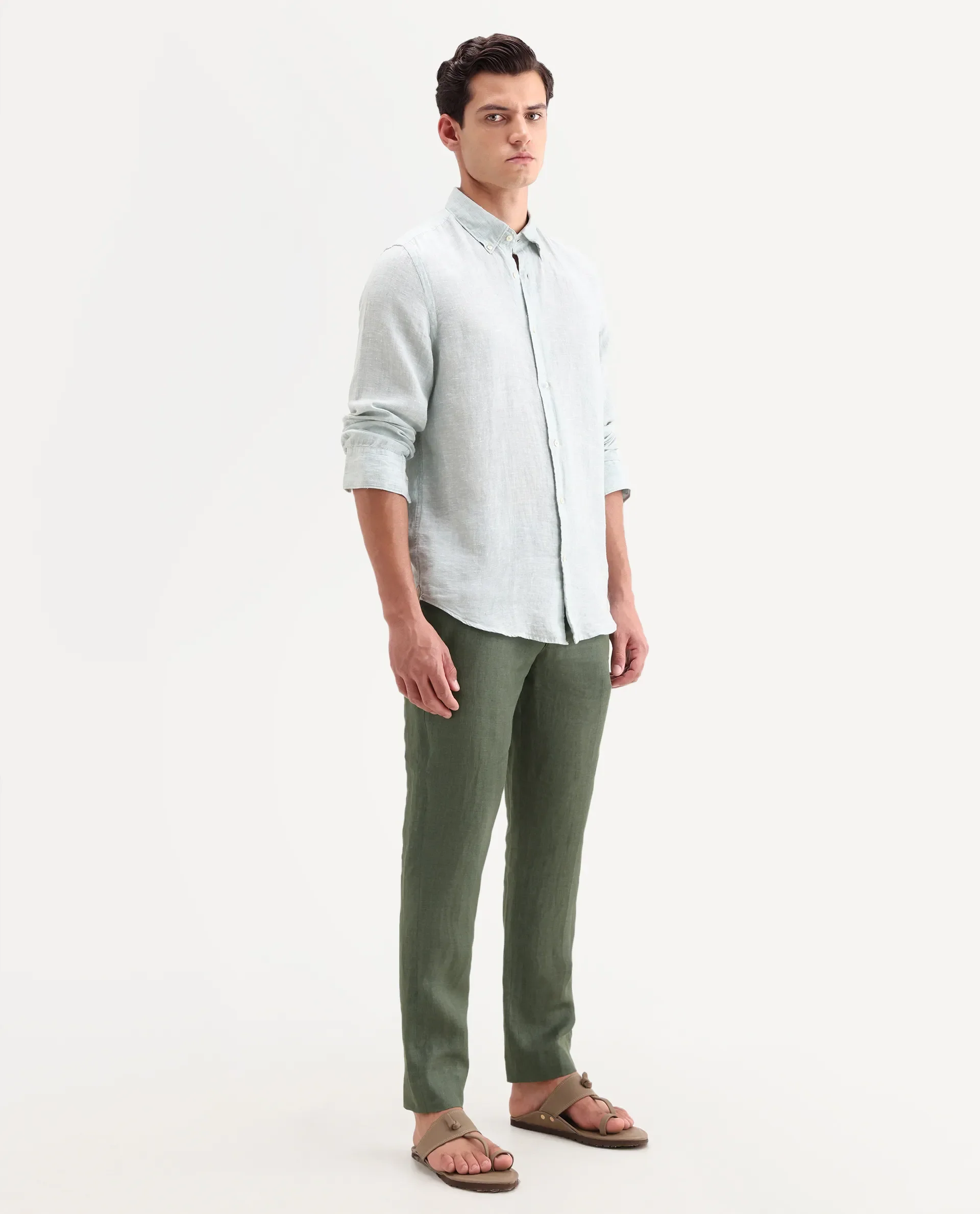Rare Rabbit Men's Borium-T Dusky Green Linen Fabric Regular Fit Plain Trouser - Image 6