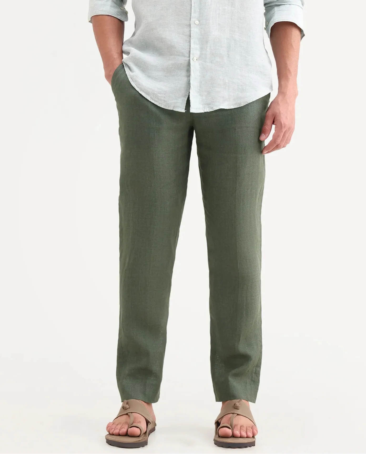 Rare Rabbit Men's Borium-T Dusky Green Linen Fabric Regular Fit Plain Trouser - Image 9