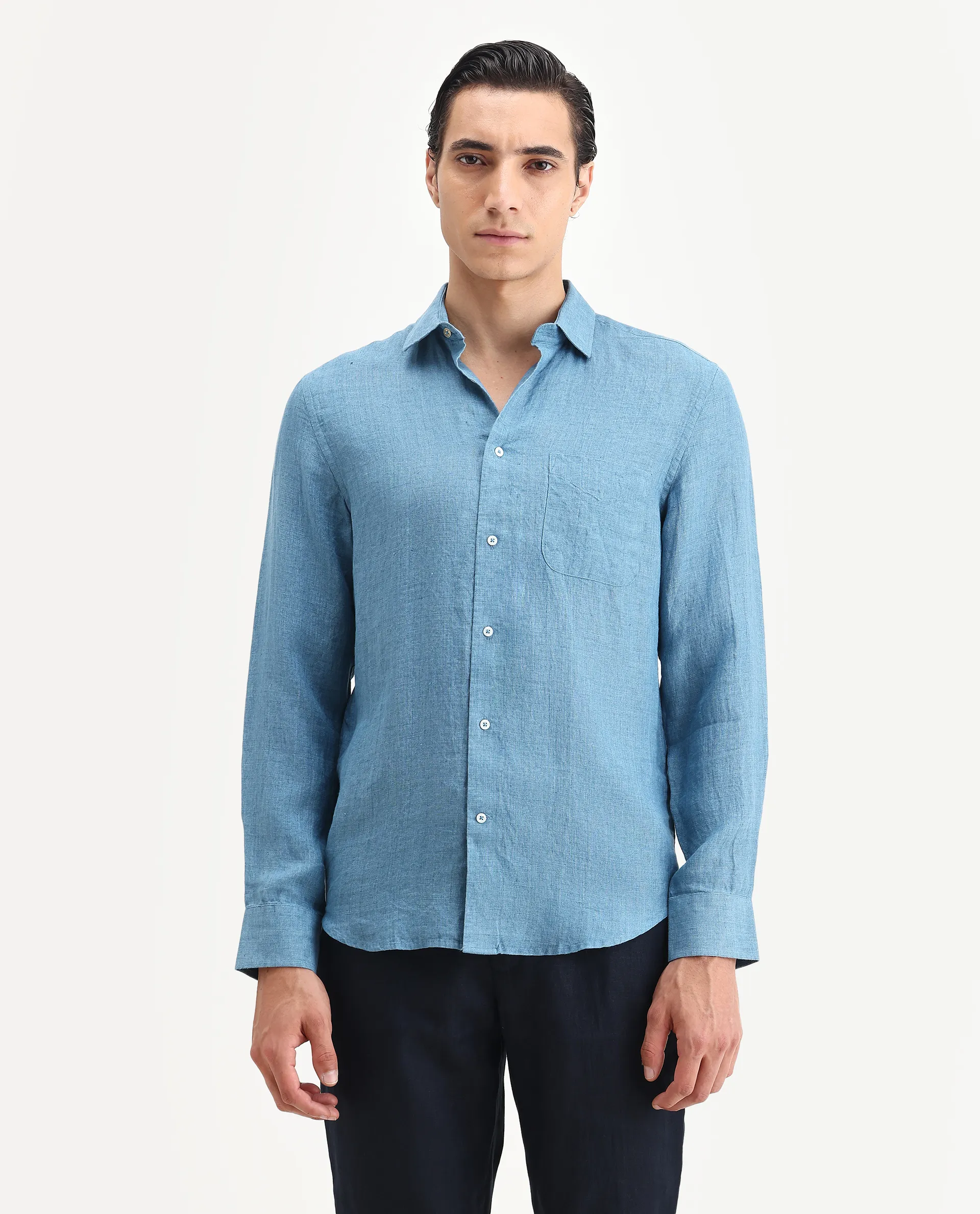 Rare Rabbit Men's Borium Ls-25 Dusky Blue 100% Linen Plain Regular Fit Full Sleeve Collared Shirt