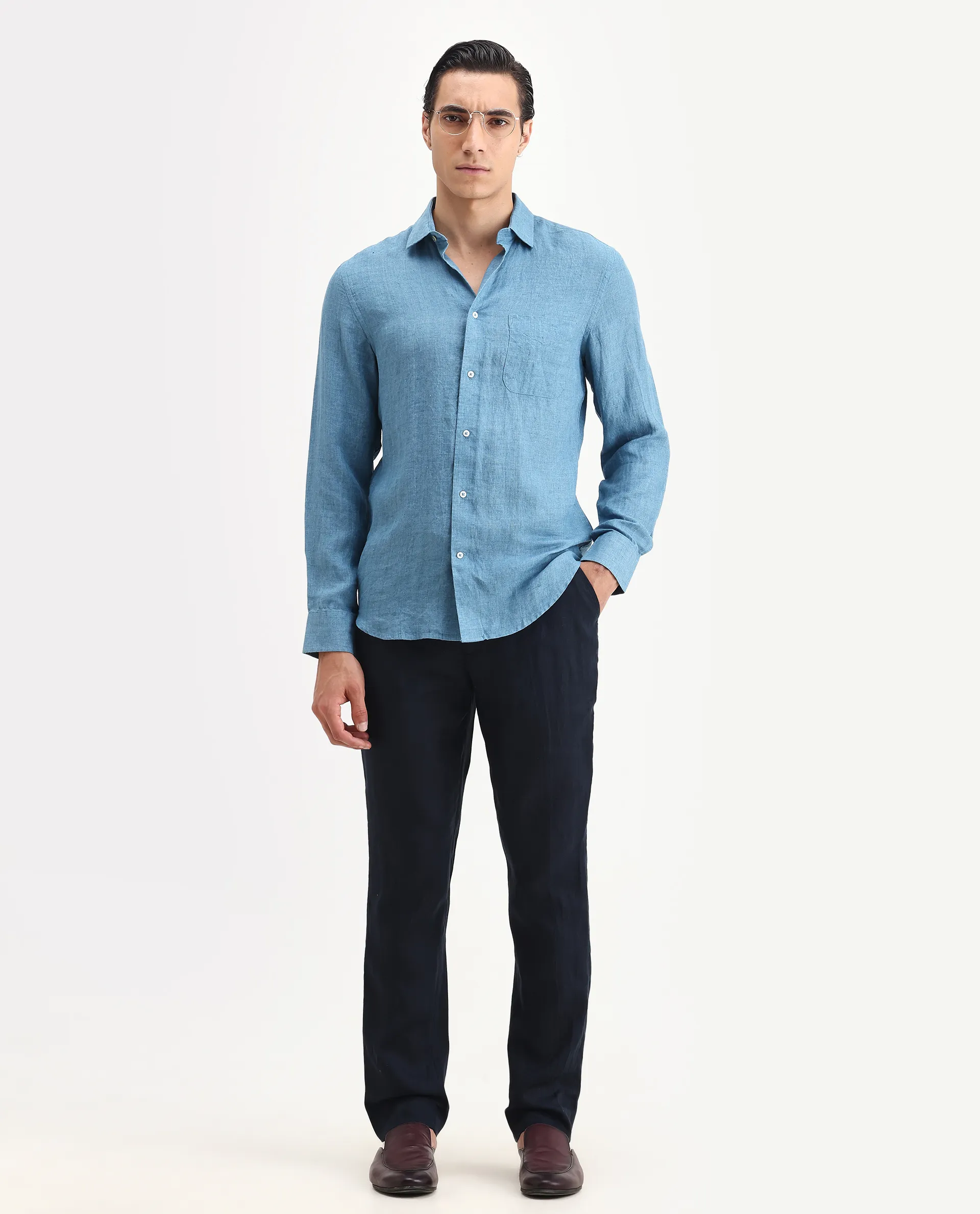 Rare Rabbit Men's Borium Ls-25 Dusky Blue 100% Linen Plain Regular Fit Full Sleeve Collared Shirt - Image 2