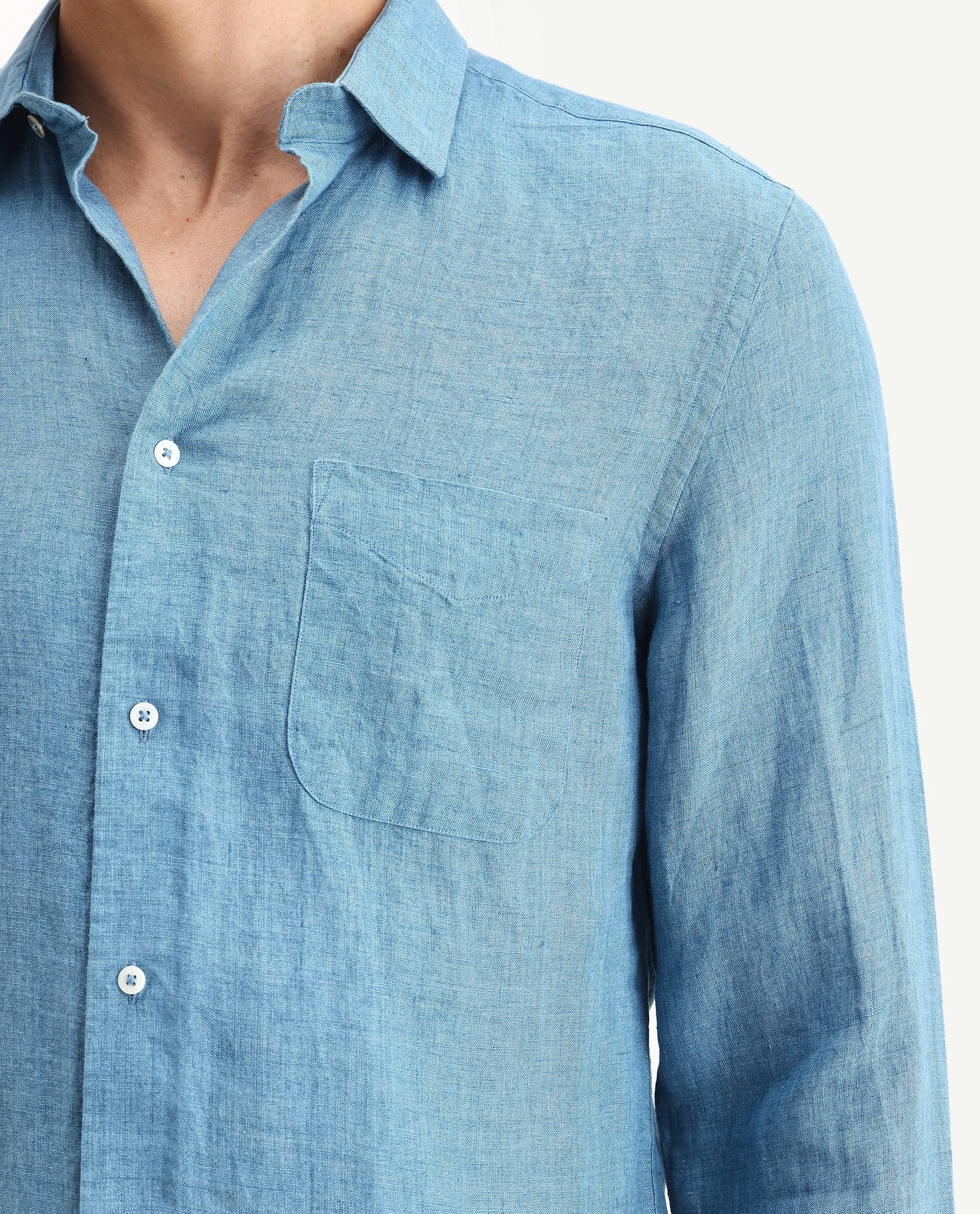 Rare Rabbit Men's Borium Ls-25 Dusky Blue 100% Linen Plain Regular Fit Full Sleeve Collared Shirt - Image 3
