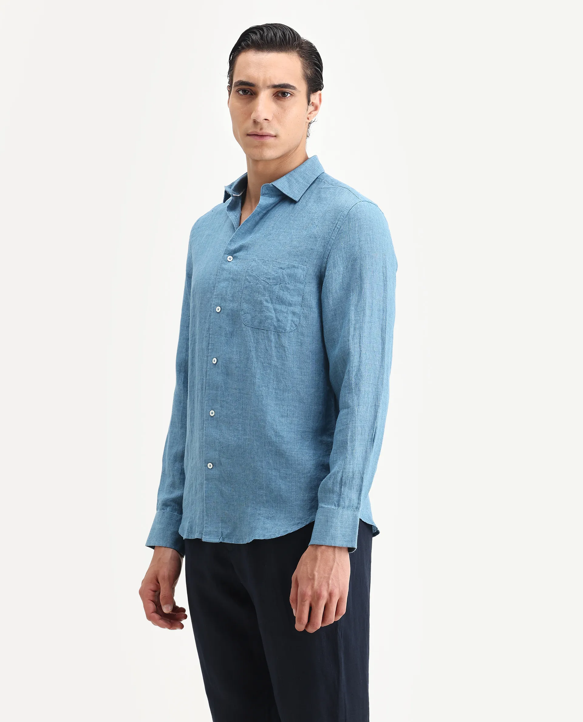 Rare Rabbit Men's Borium Ls-25 Dusky Blue 100% Linen Plain Regular Fit Full Sleeve Collared Shirt - Image 4