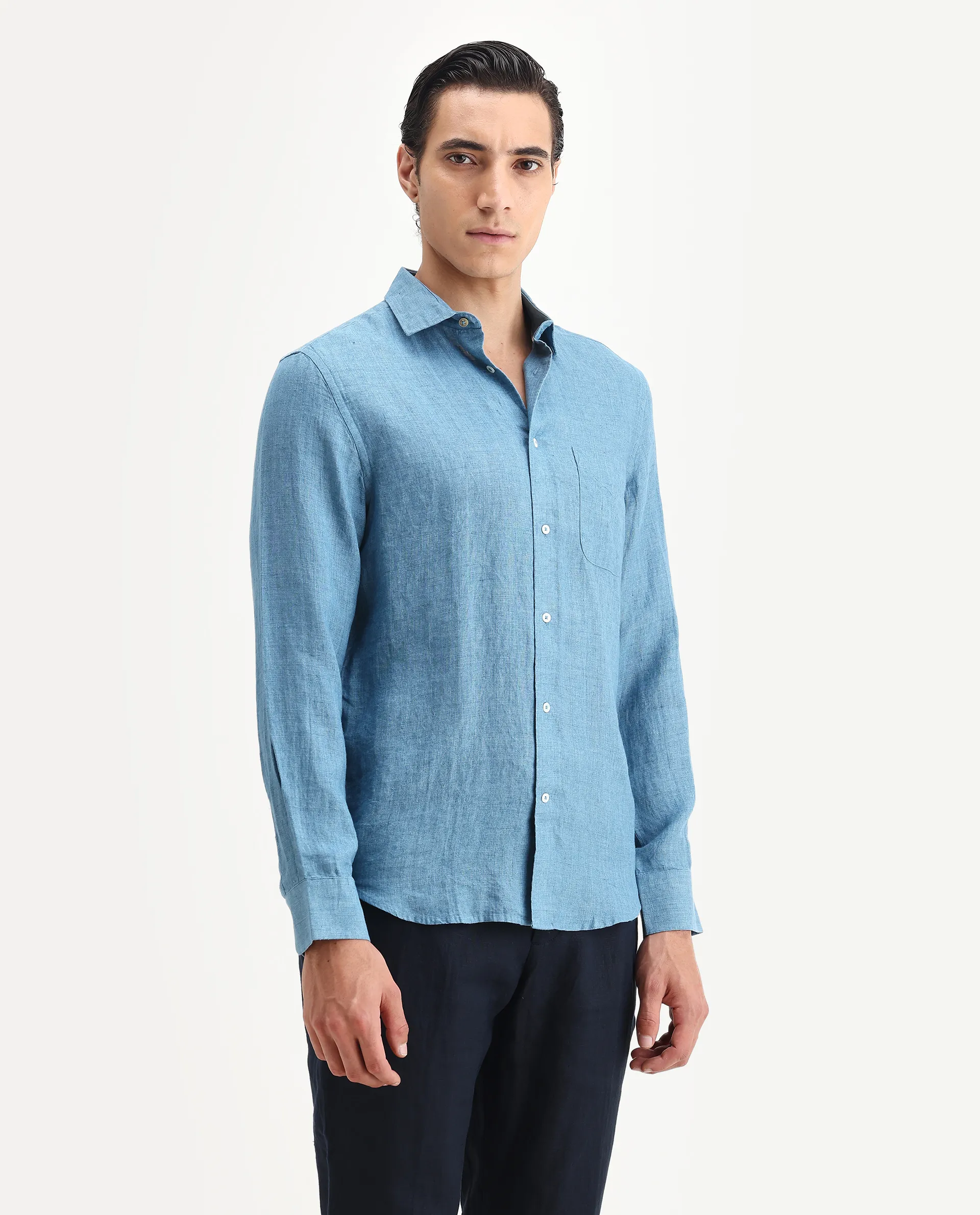 Rare Rabbit Men's Borium Ls-25 Dusky Blue 100% Linen Plain Regular Fit Full Sleeve Collared Shirt - Image 5