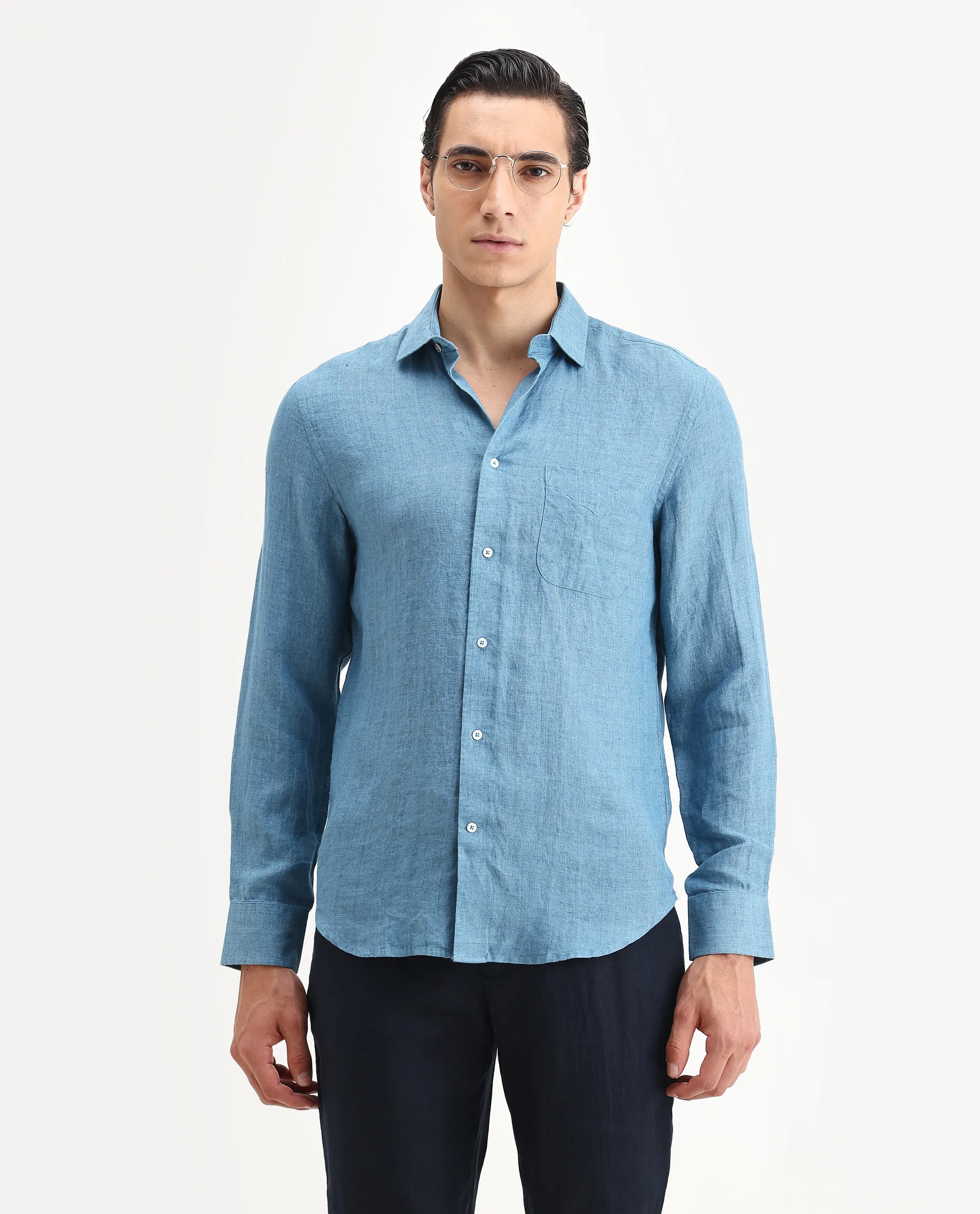 Rare Rabbit Men's Borium Ls-25 Dusky Blue 100% Linen Plain Regular Fit Full Sleeve Collared Shirt - Image 6