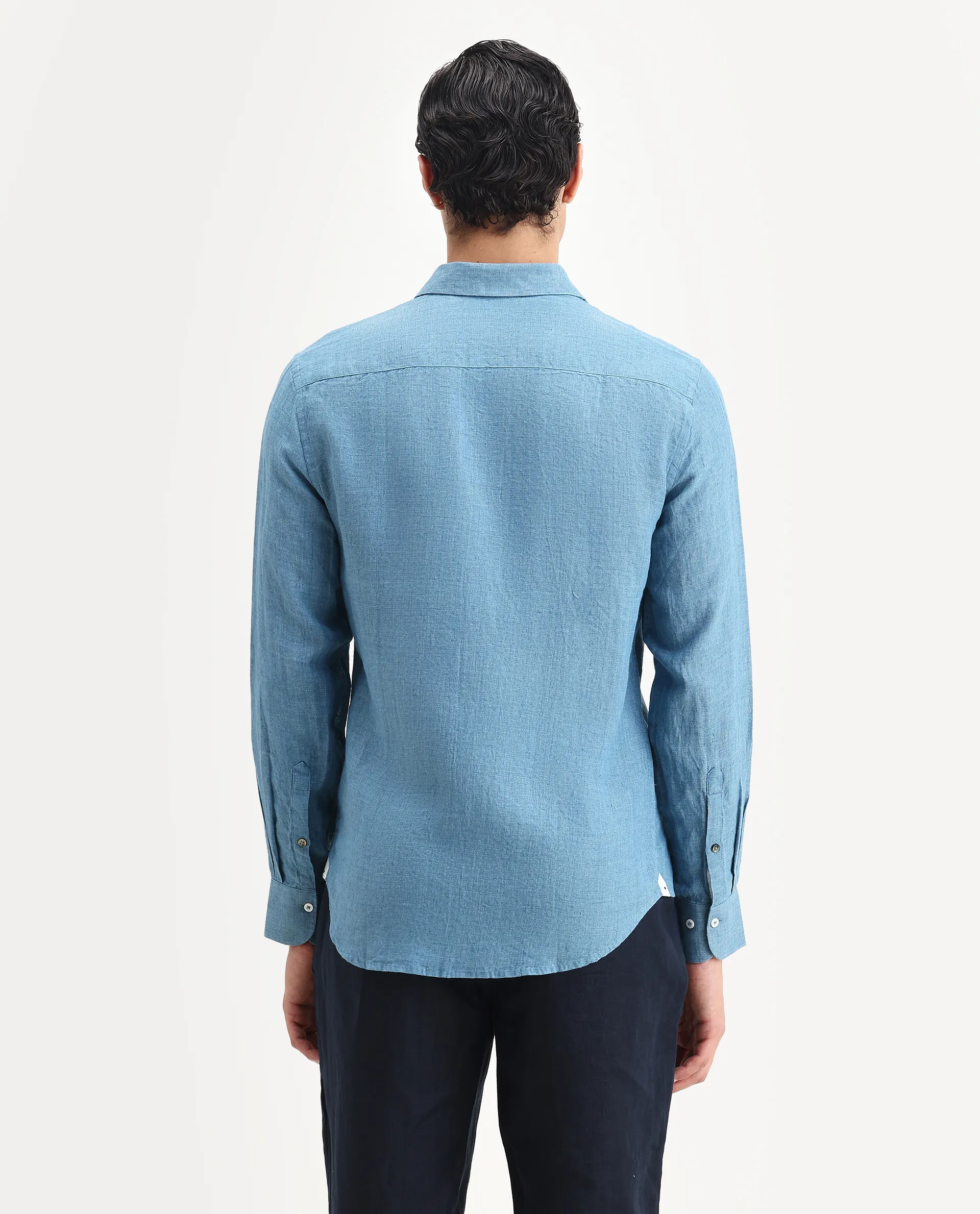Rare Rabbit Men's Borium Ls-25 Dusky Blue 100% Linen Plain Regular Fit Full Sleeve Collared Shirt - Image 7