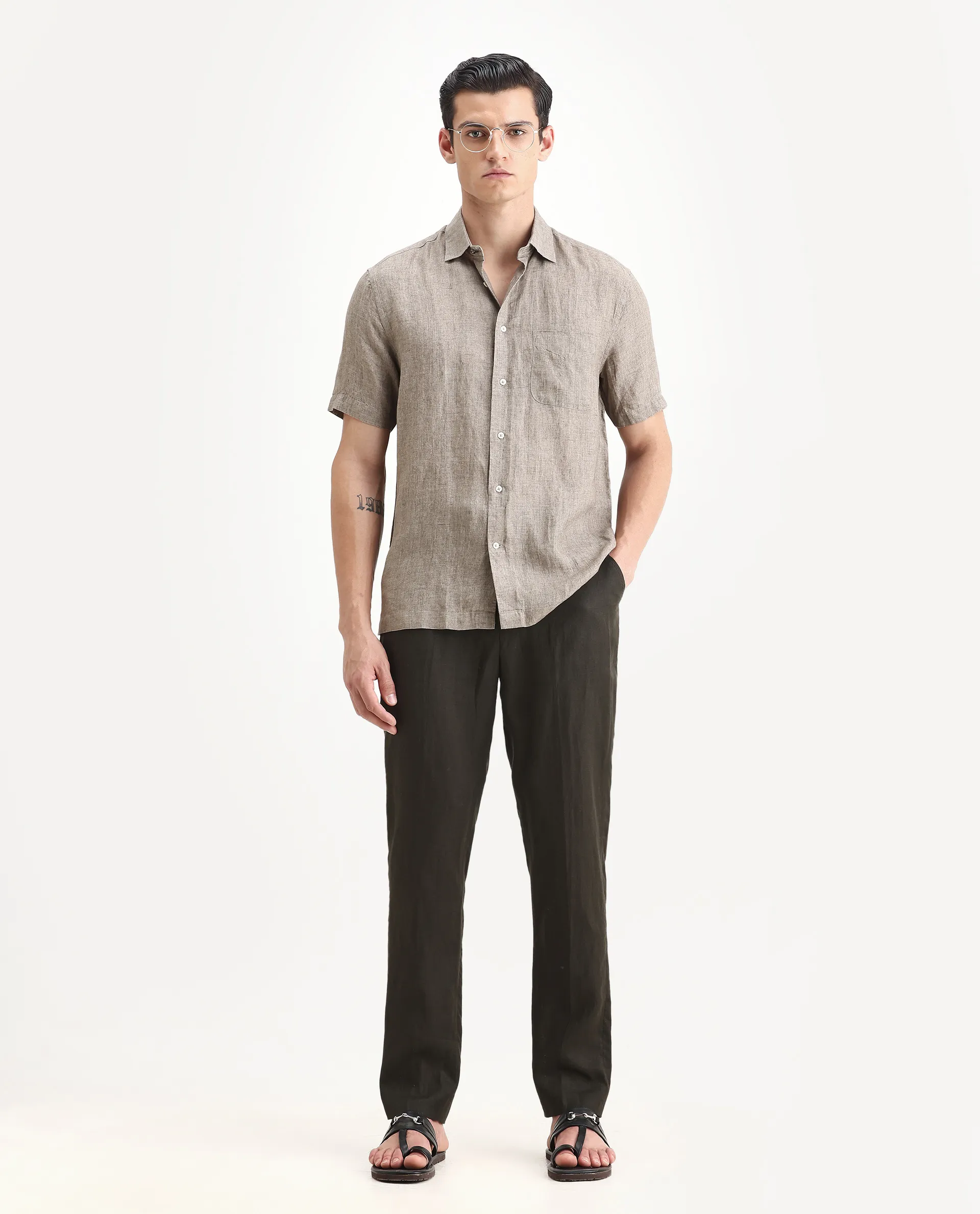 Rare Rabbit Men's Borium Ss-25 Dark Beige Linen Plain Regular Fit Half Sleeve Collared Shirt - Image 2