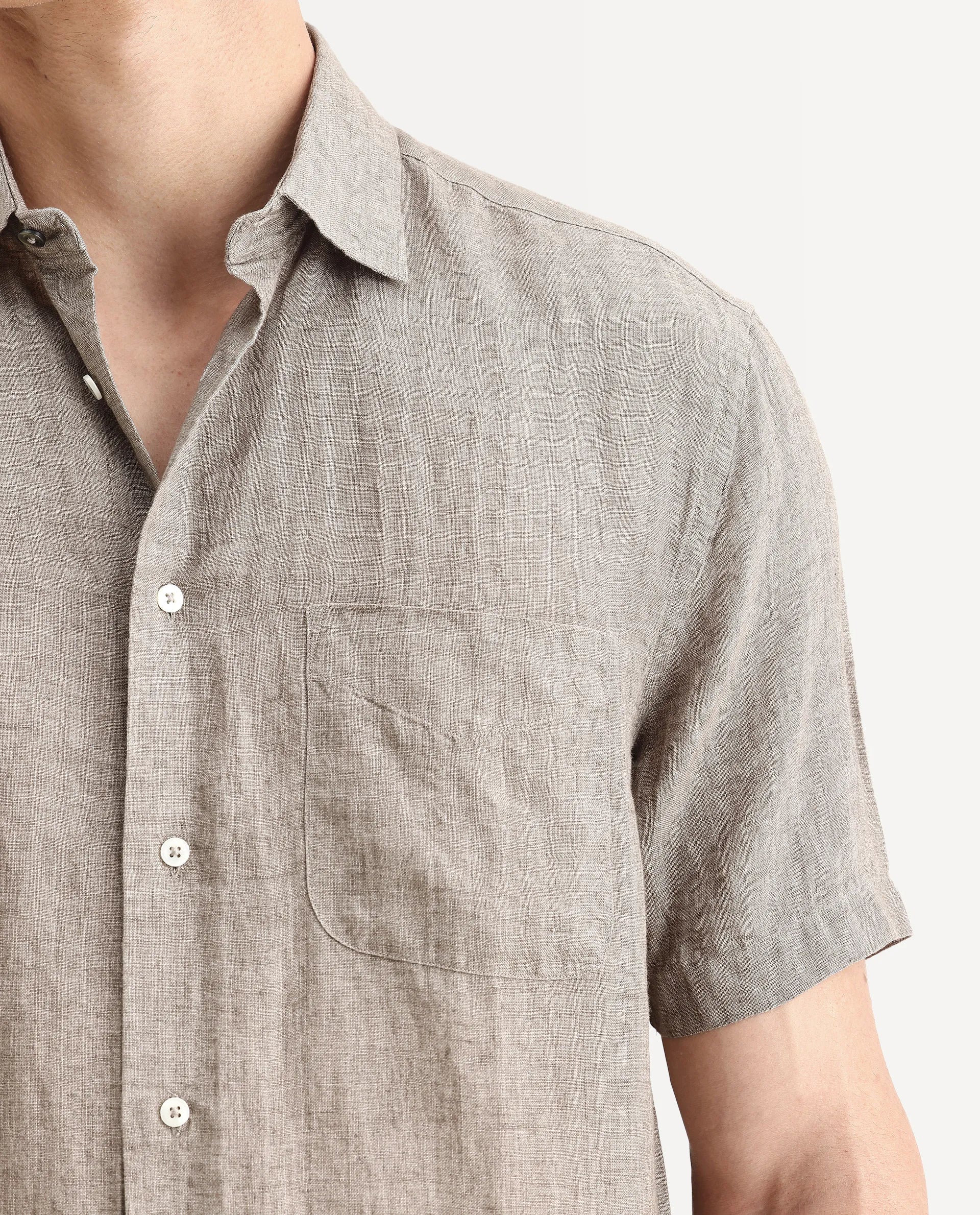Rare Rabbit Men's Borium Ss-25 Dark Beige Linen Plain Regular Fit Half Sleeve Collared Shirt - Image 3