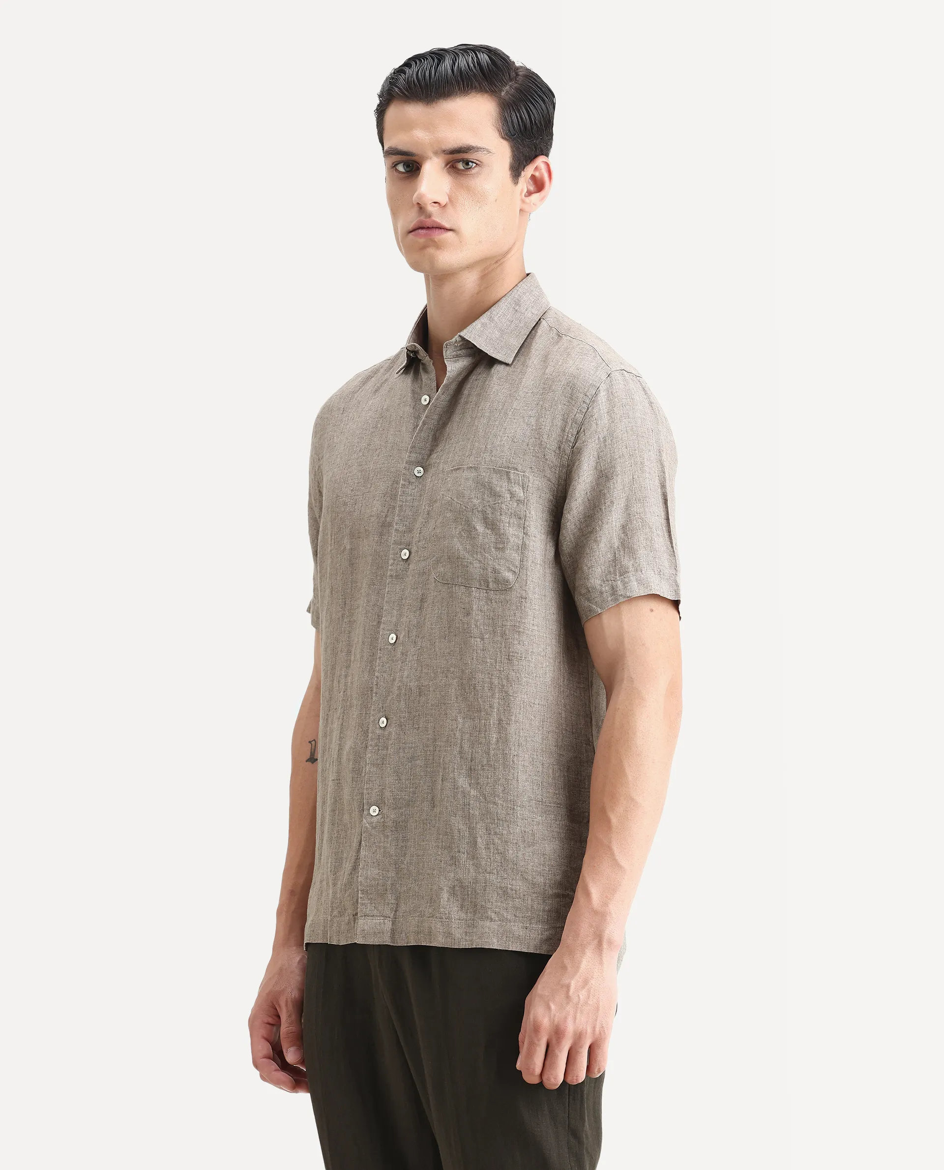 Rare Rabbit Men's Borium Ss-25 Dark Beige Linen Plain Regular Fit Half Sleeve Collared Shirt - Image 4