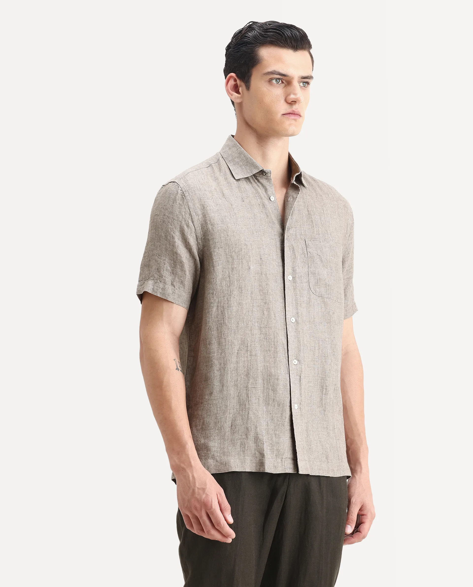 Rare Rabbit Men's Borium Ss-25 Dark Beige Linen Plain Regular Fit Half Sleeve Collared Shirt - Image 5