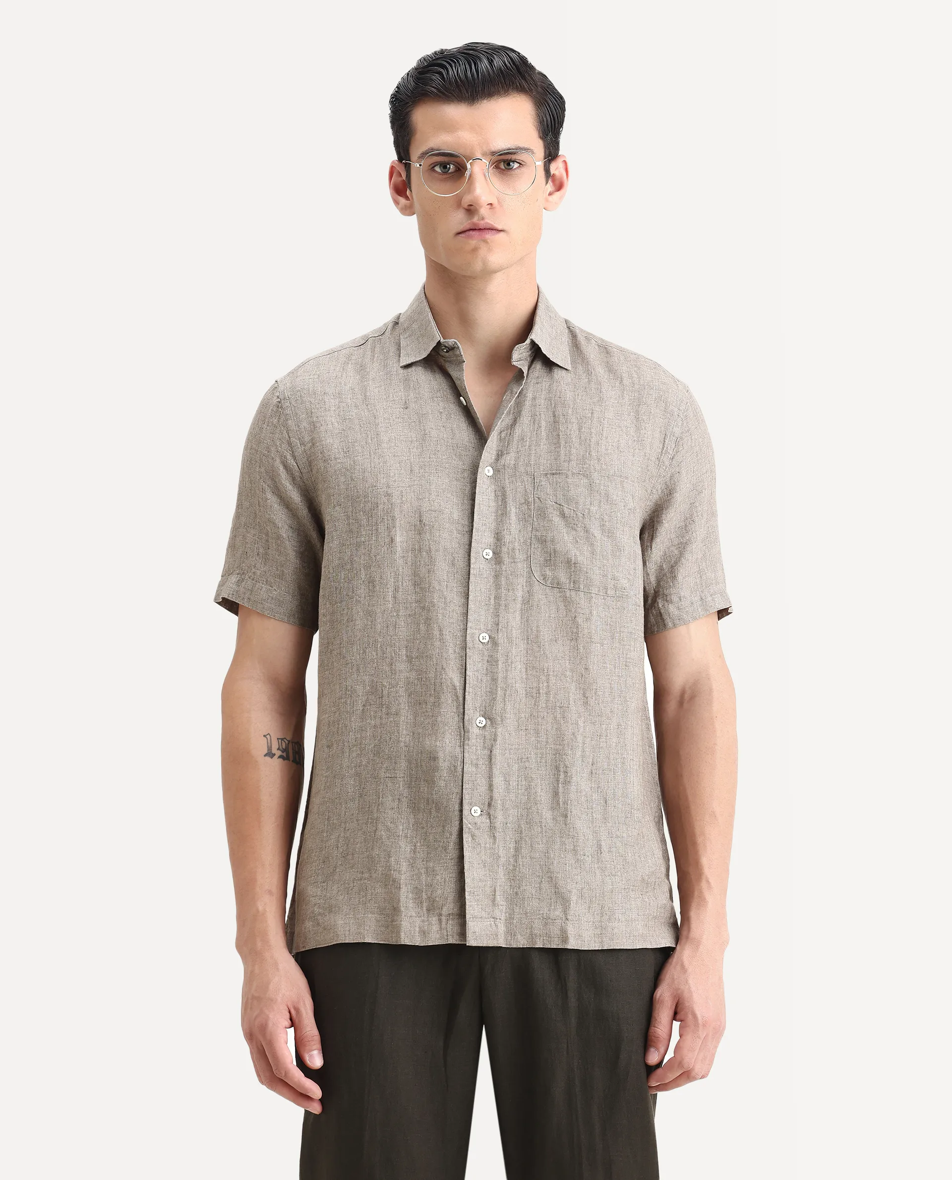 Rare Rabbit Men's Borium Ss-25 Dark Beige Linen Plain Regular Fit Half Sleeve Collared Shirt - Image 6