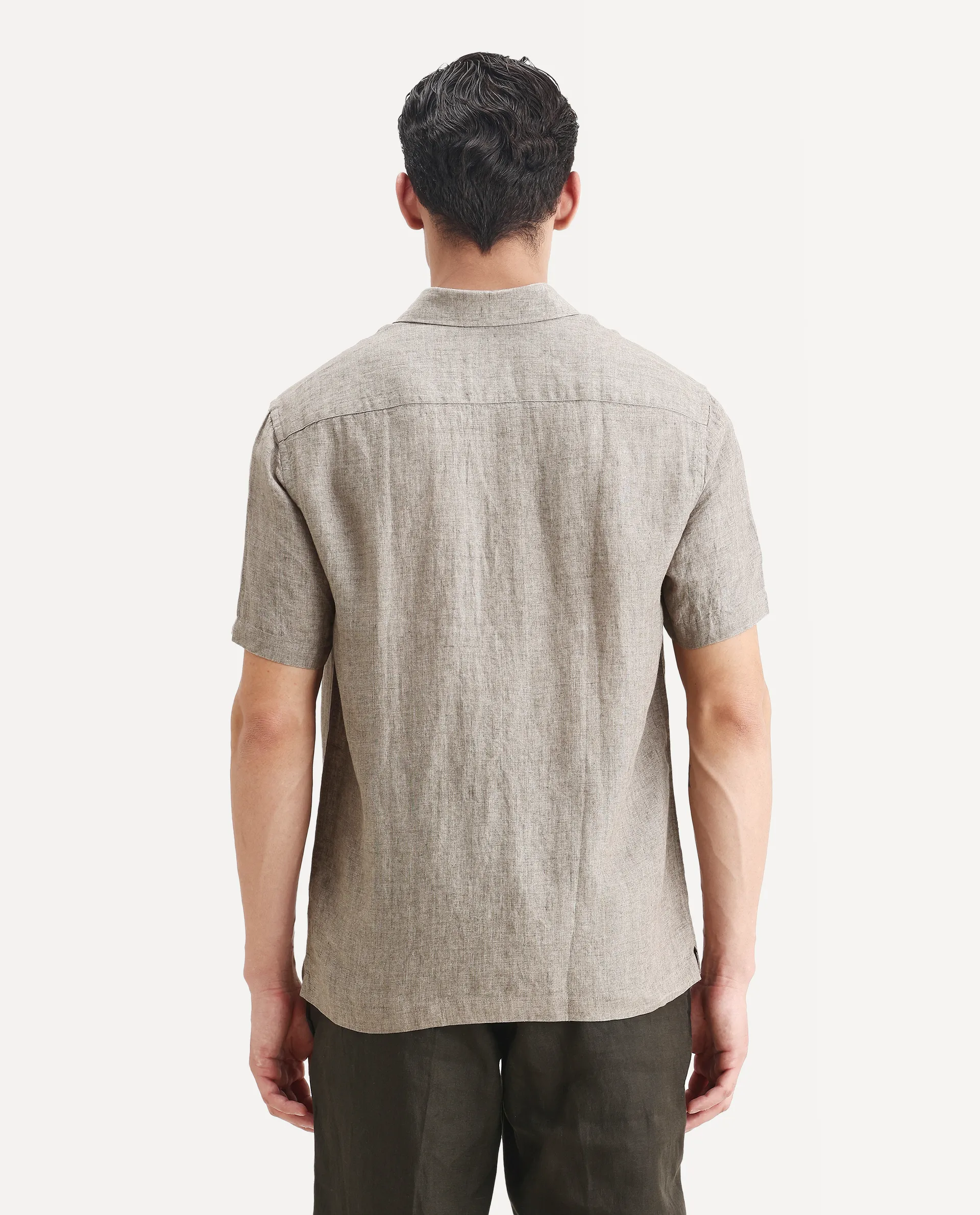Rare Rabbit Men's Borium Ss-25 Dark Beige Linen Plain Regular Fit Half Sleeve Collared Shirt - Image 7