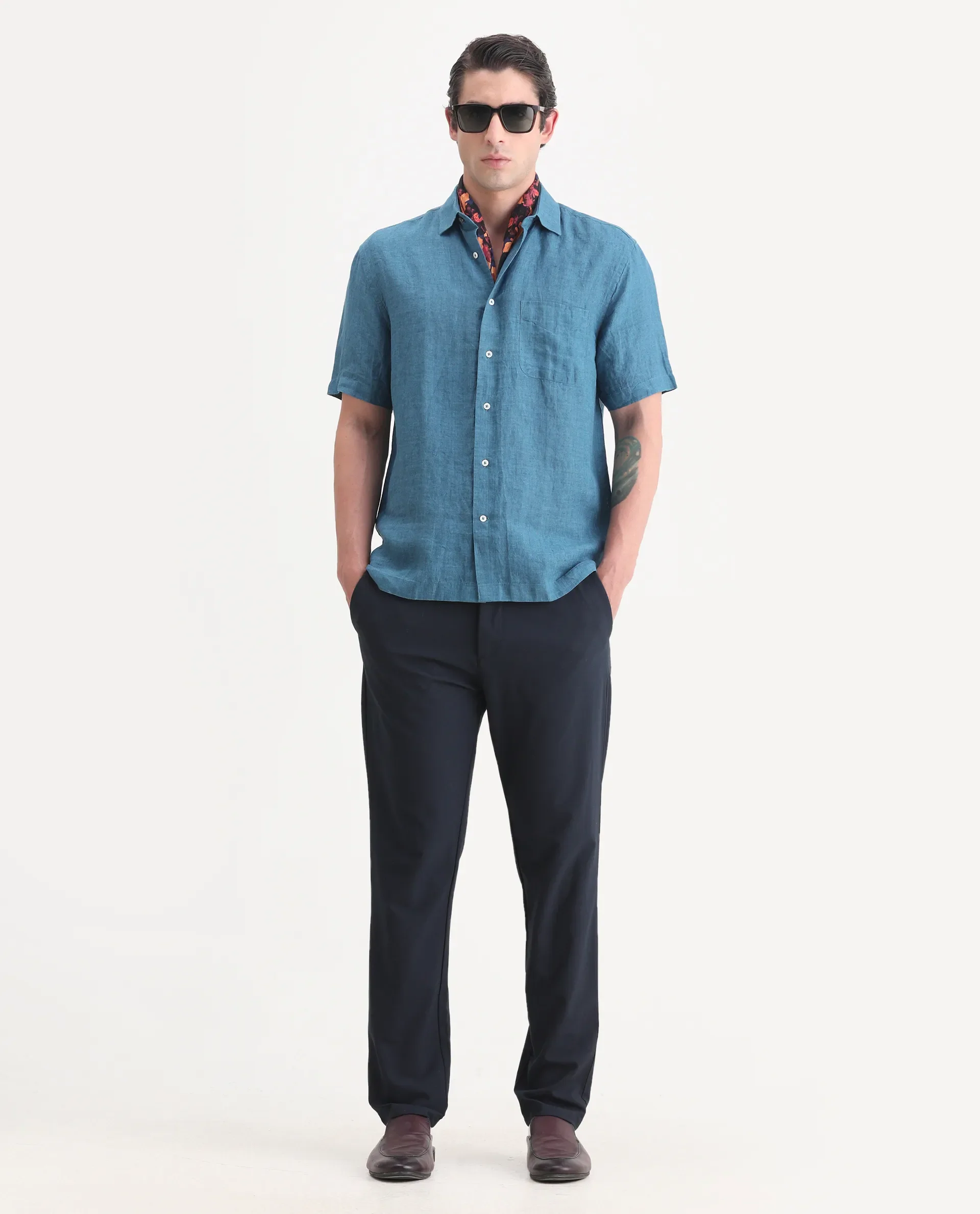 Rare Rabbit Men's Borium Ss-25 Dark Blue Linen Plain Regular Fit Half Sleeve Collared Shirt - Image 2