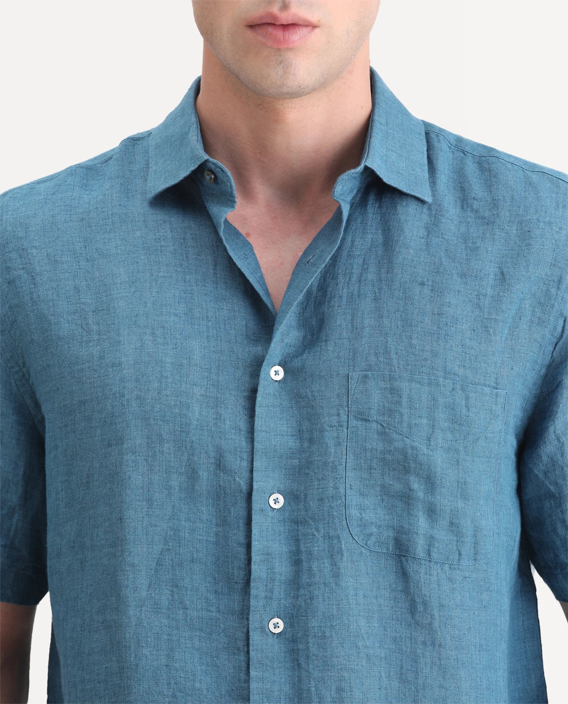 Rare Rabbit Men's Borium Ss-25 Dark Blue Linen Plain Regular Fit Half Sleeve Collared Shirt - Image 3