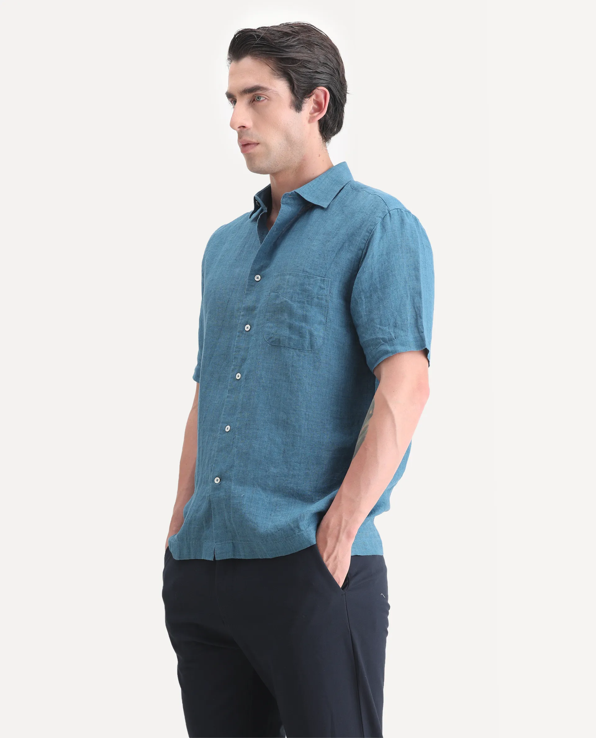 Rare Rabbit Men's Borium Ss-25 Dark Blue Linen Plain Regular Fit Half Sleeve Collared Shirt - Image 4