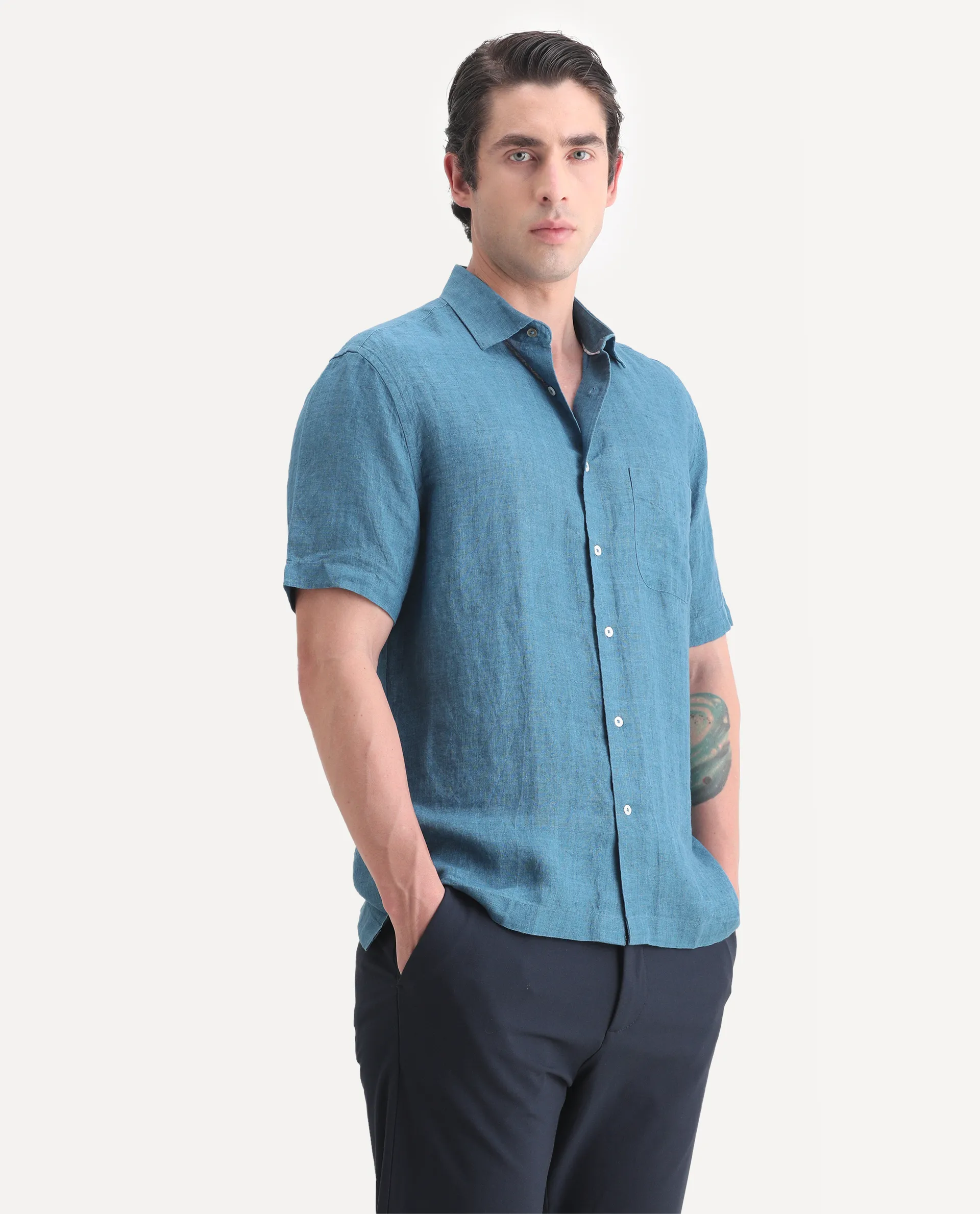 Rare Rabbit Men's Borium Ss-25 Dark Blue Linen Plain Regular Fit Half Sleeve Collared Shirt - Image 5