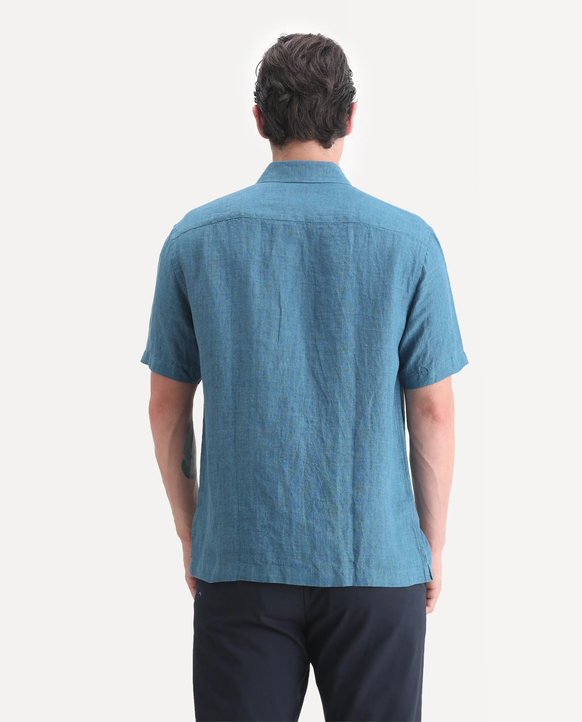 Rare Rabbit Men's Borium Ss-25 Dark Blue Linen Plain Regular Fit Half Sleeve Collared Shirt - Image 6