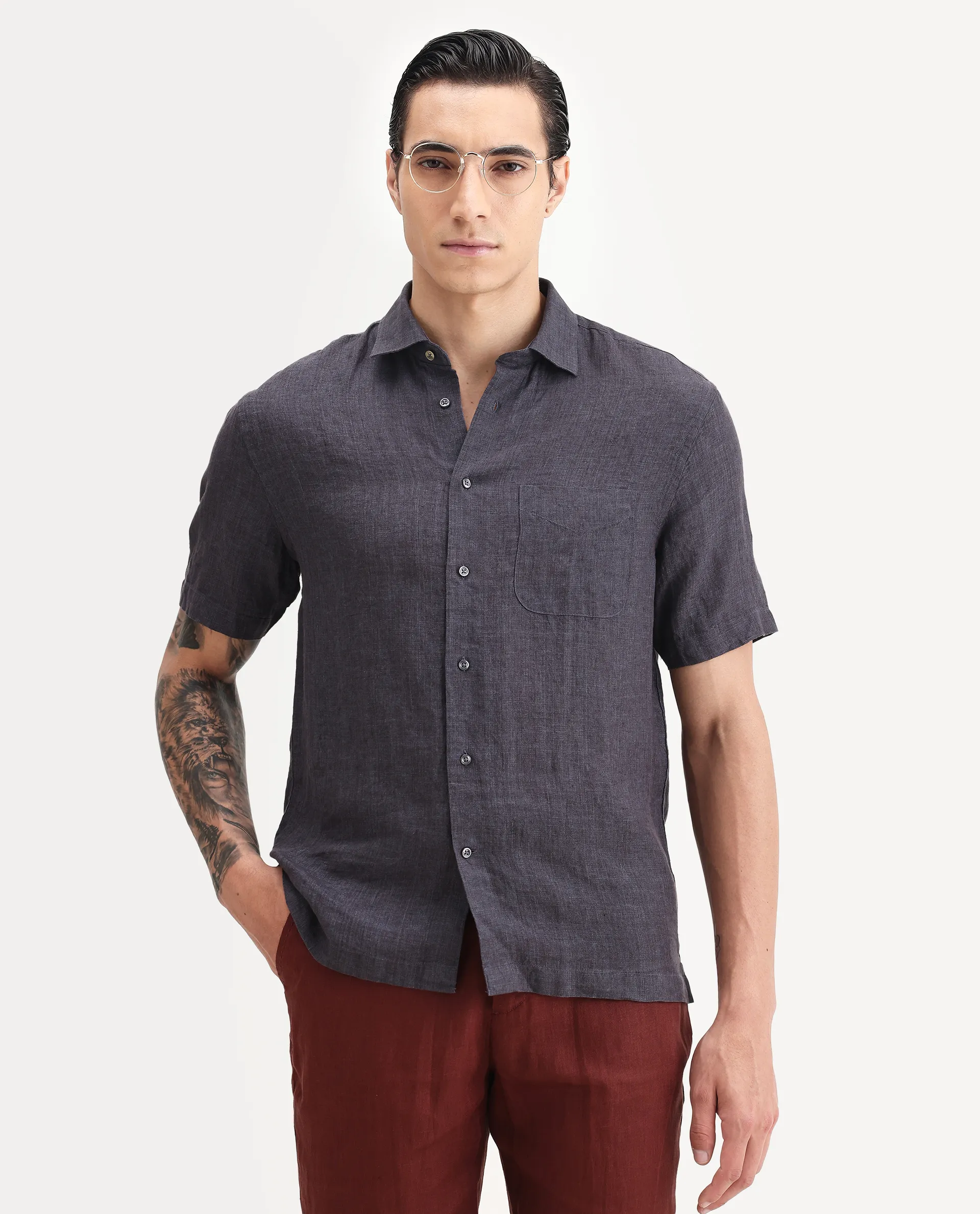 Rare Rabbit Men's Borium Ss-25 Dark Purple Linen Plain Regular Fit Full Sleeve Collared Shirt