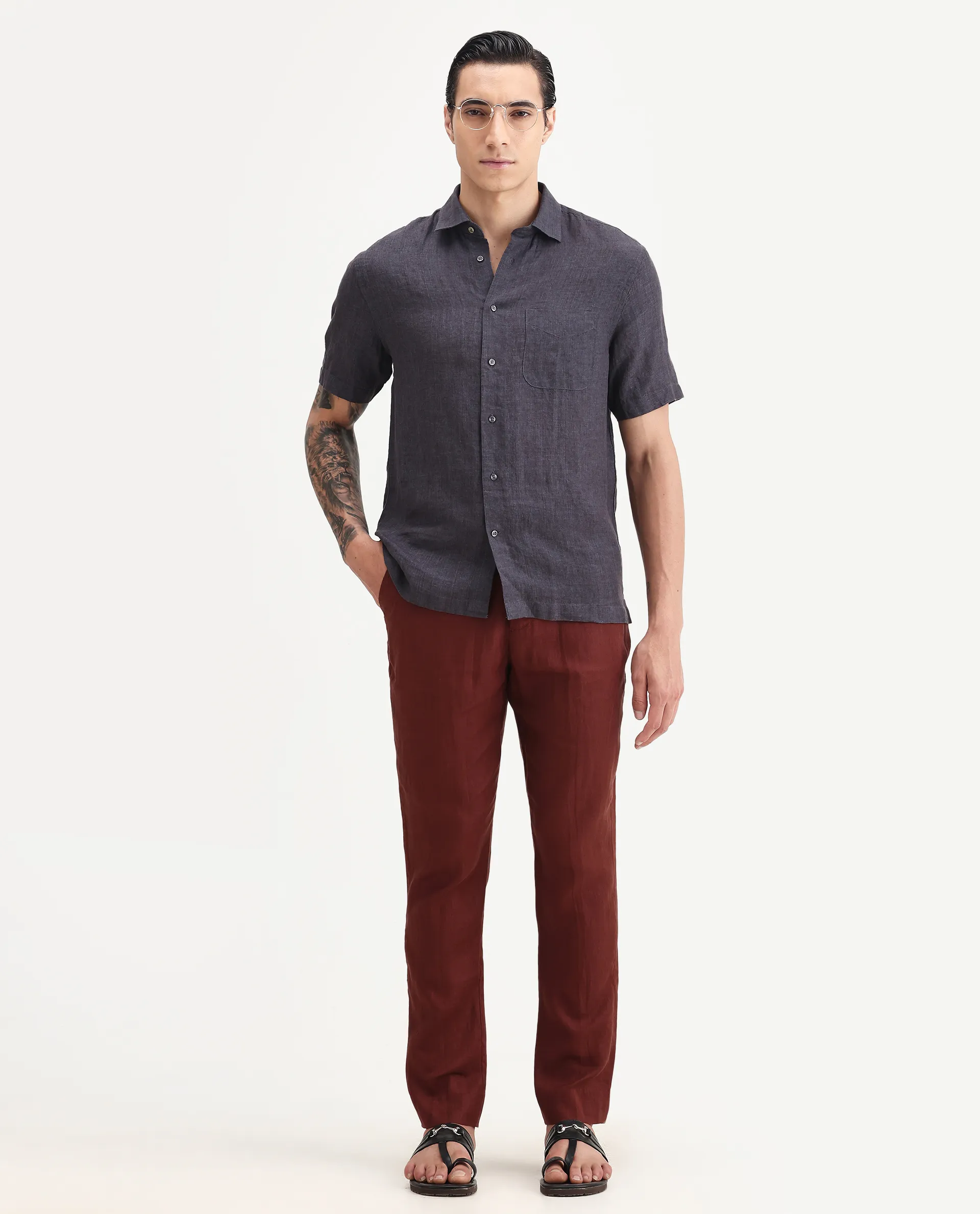 Rare Rabbit Men's Borium Ss-25 Dark Purple Linen Plain Regular Fit Full Sleeve Collared Shirt - Image 2