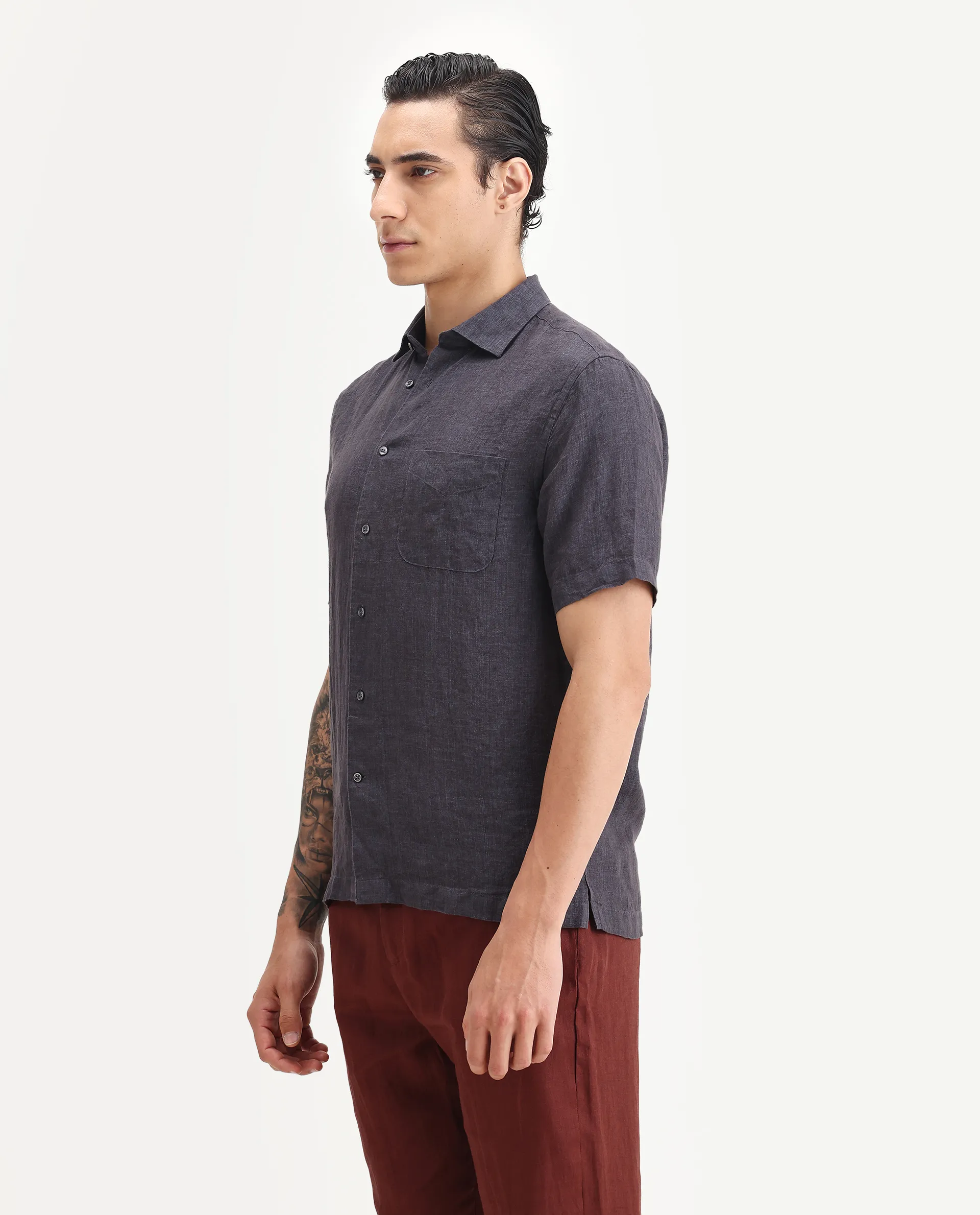 Rare Rabbit Men's Borium Ss-25 Dark Purple Linen Plain Regular Fit Full Sleeve Collared Shirt - Image 4