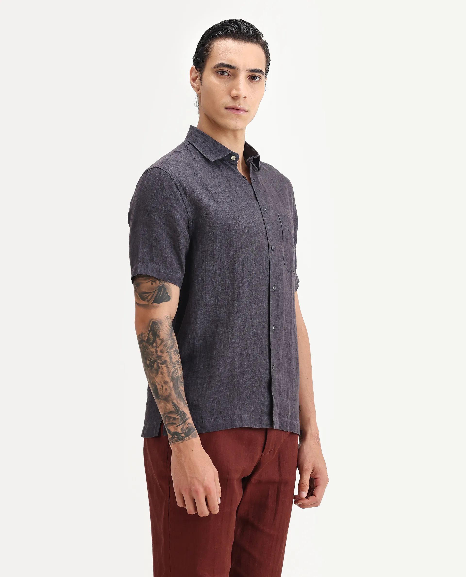 Rare Rabbit Men's Borium Ss-25 Dark Purple Linen Plain Regular Fit Full Sleeve Collared Shirt - Image 5
