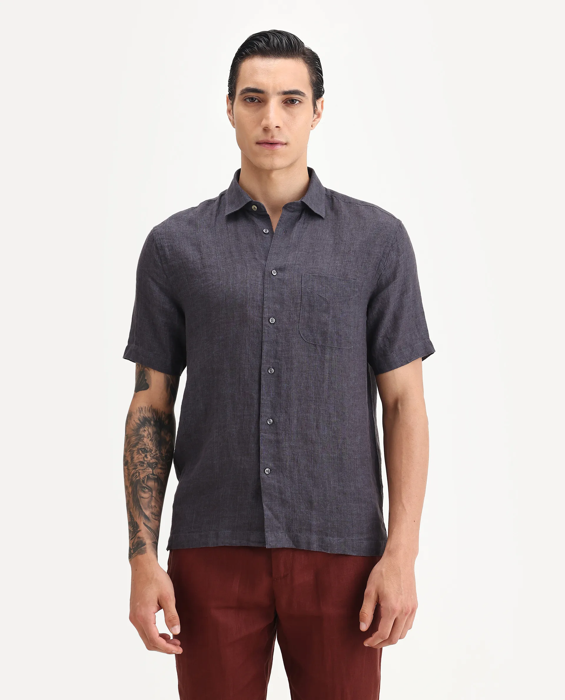 Rare Rabbit Men's Borium Ss-25 Dark Purple Linen Plain Regular Fit Full Sleeve Collared Shirt - Image 6