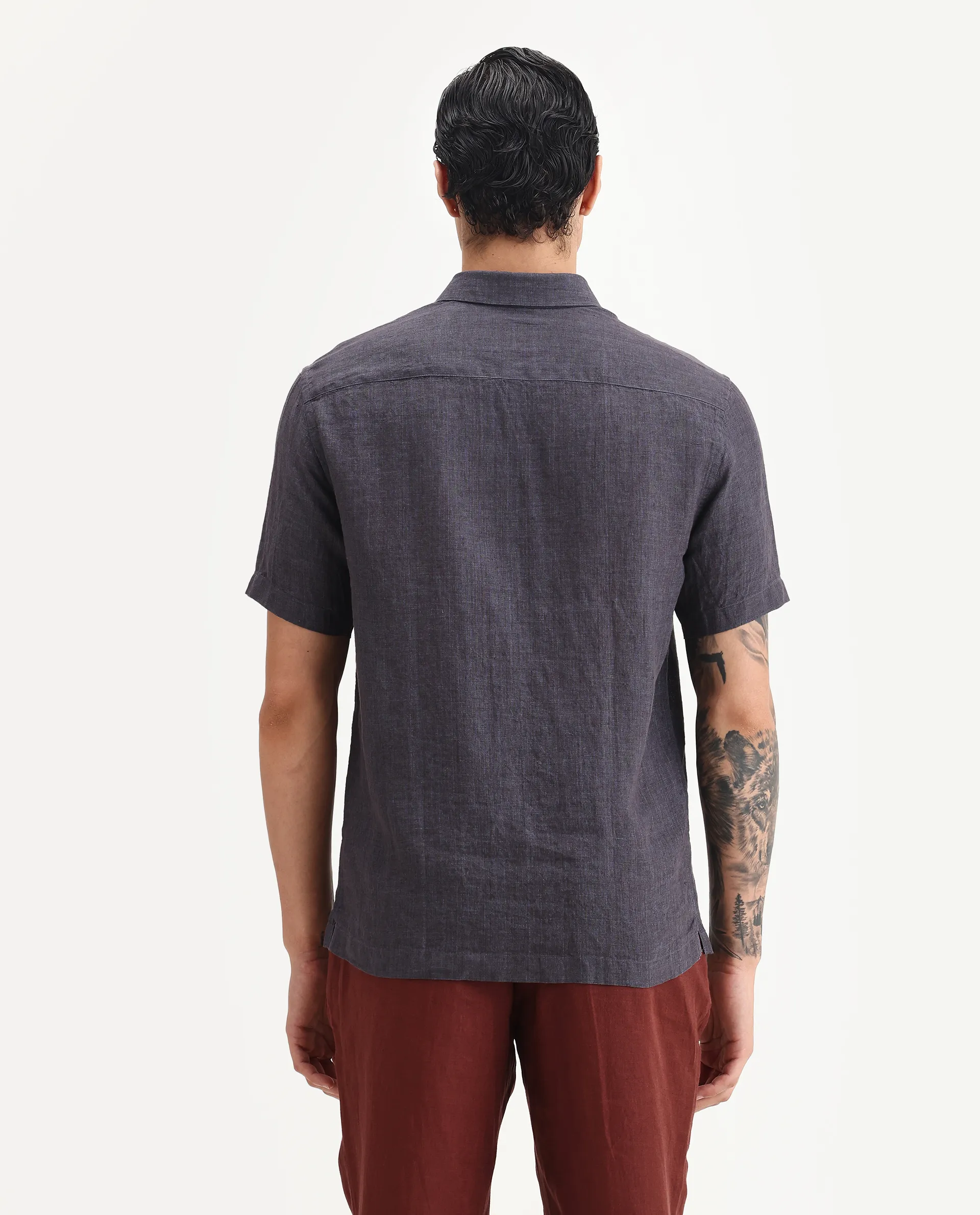 Rare Rabbit Men's Borium Ss-25 Dark Purple Linen Plain Regular Fit Full Sleeve Collared Shirt - Image 7