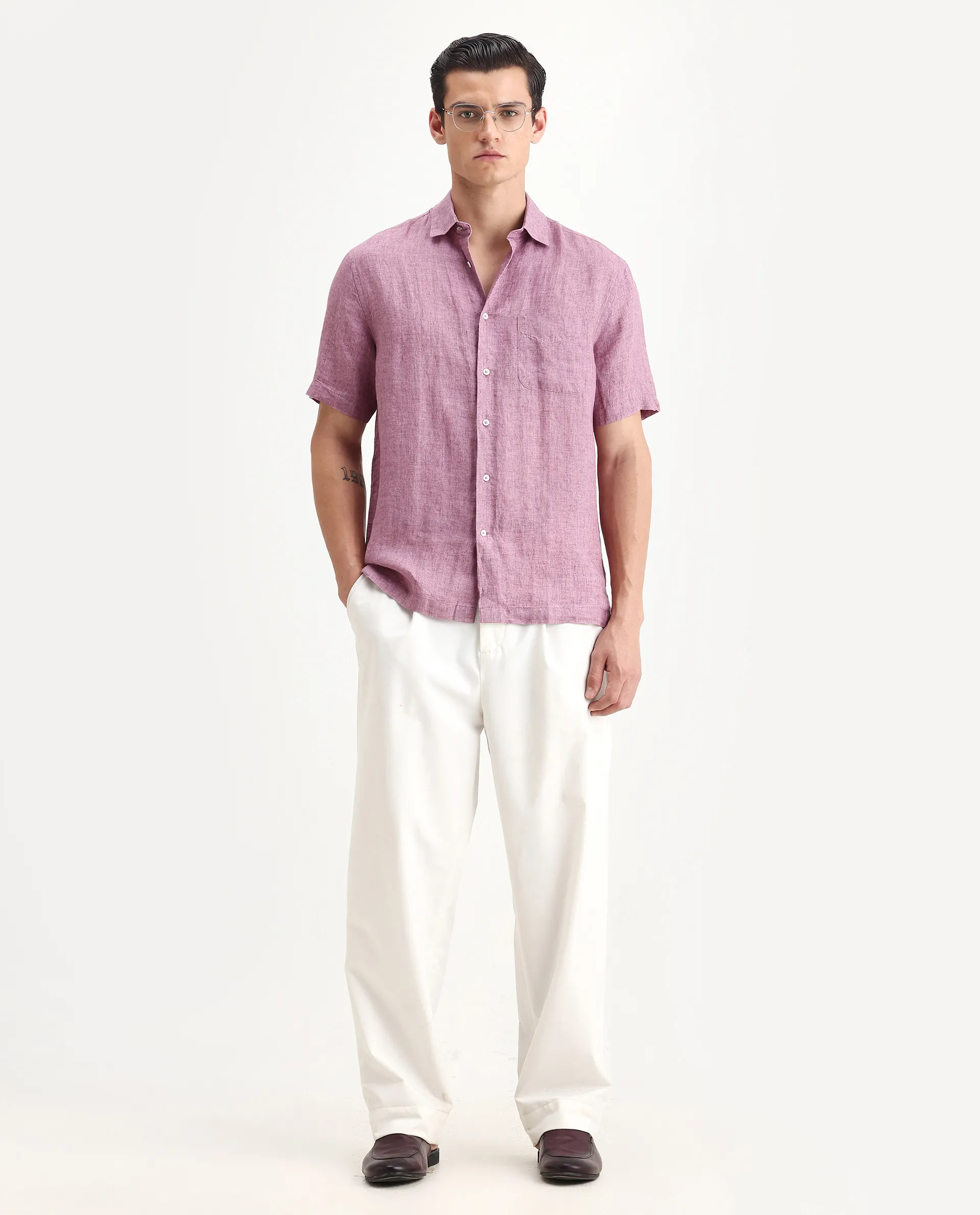 Rare Rabbit Men's Borium Ss-25 Dusky Pink Linen Plain Regular Fit Full Sleeve Collared Shirt - Image 2