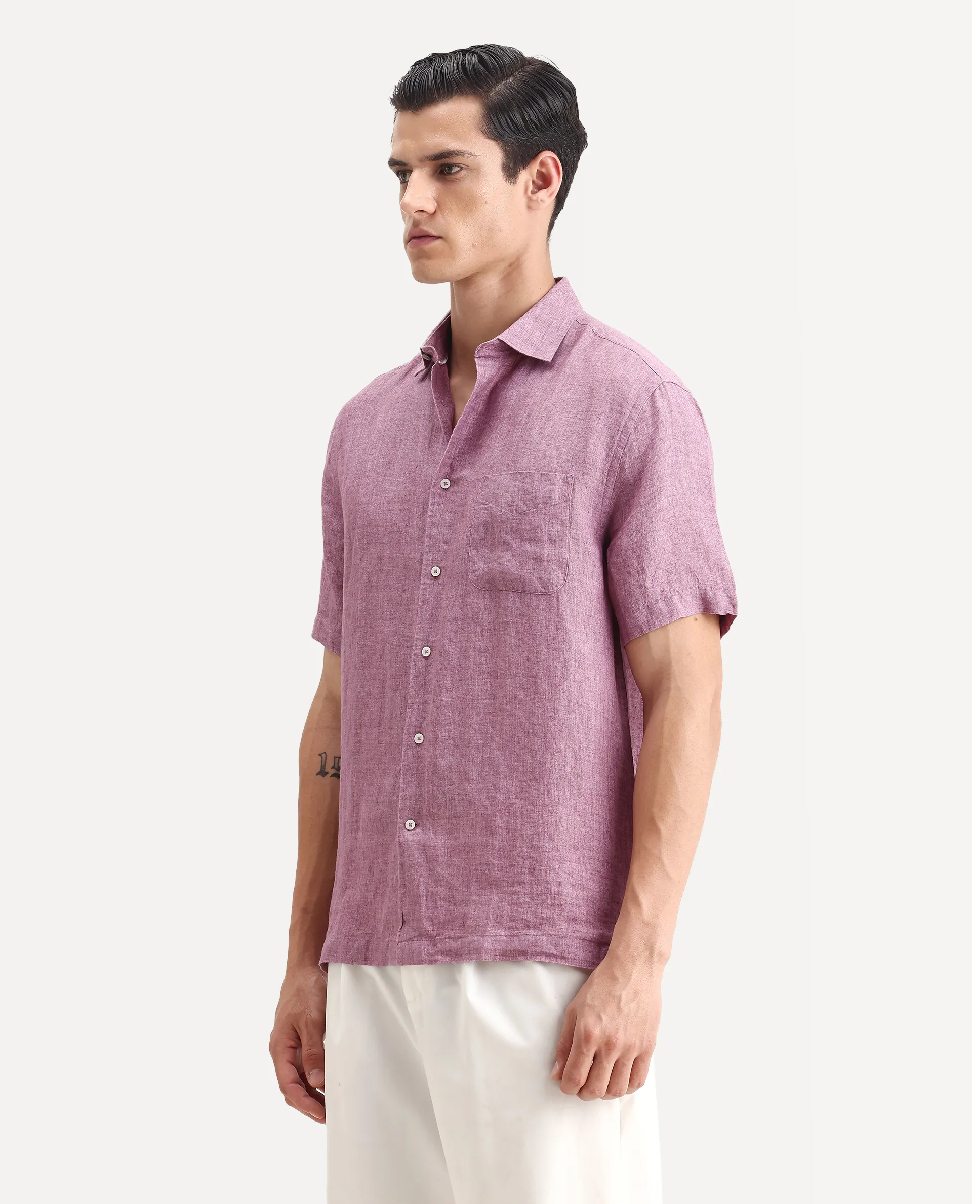 Rare Rabbit Men's Borium Ss-25 Dusky Pink Linen Plain Regular Fit Full Sleeve Collared Shirt - Image 4
