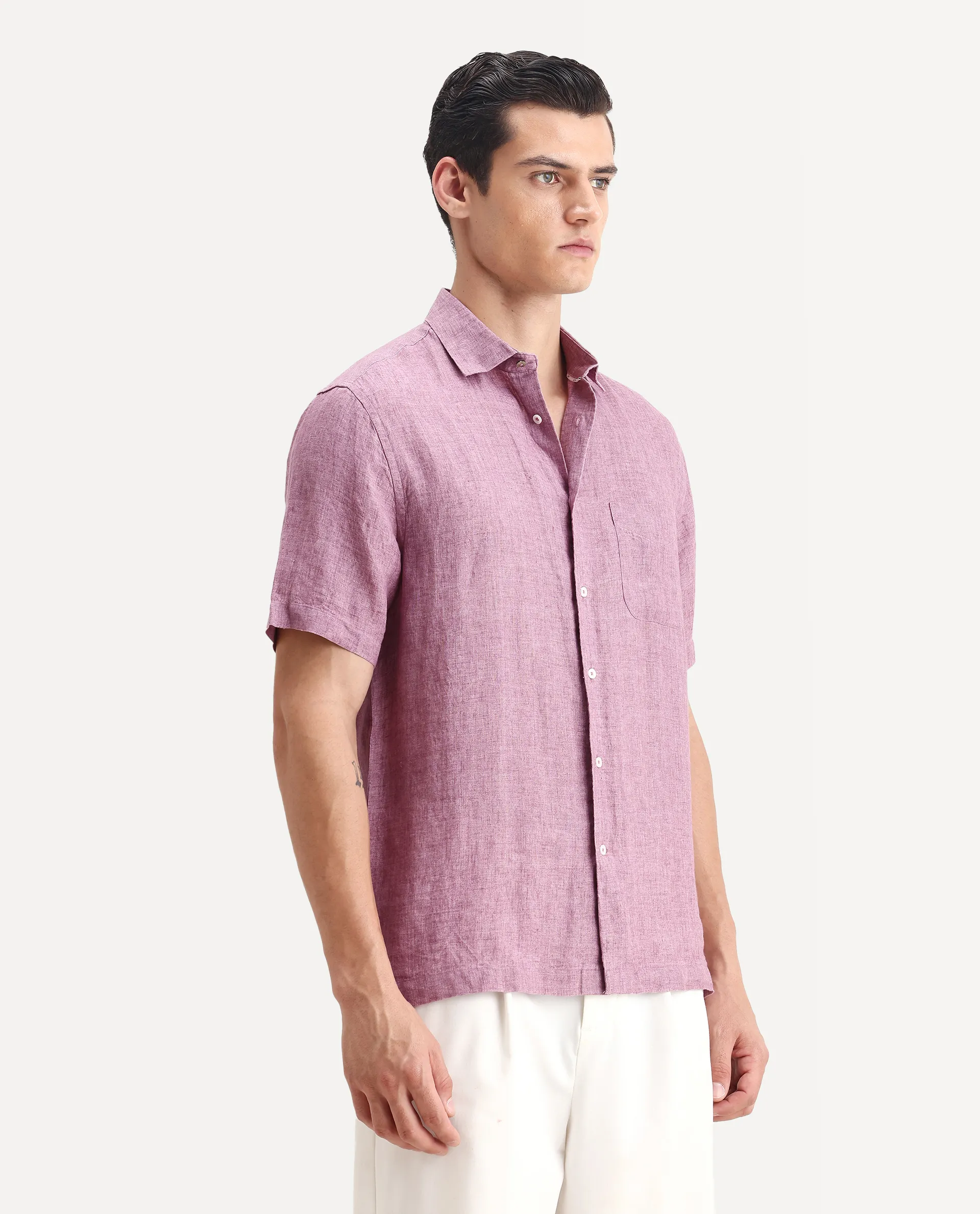 Rare Rabbit Men's Borium Ss-25 Dusky Pink Linen Plain Regular Fit Full Sleeve Collared Shirt - Image 5