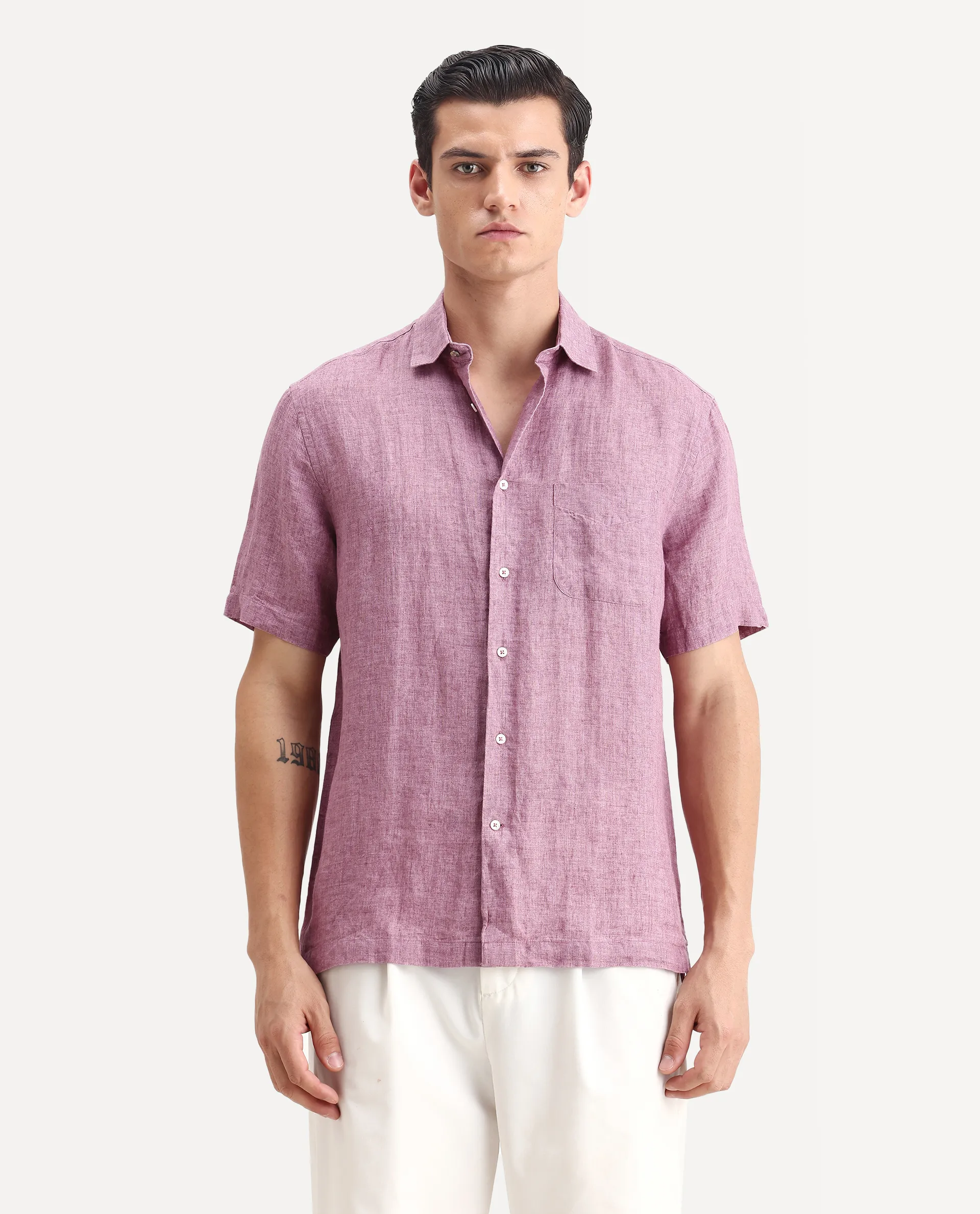 Rare Rabbit Men's Borium Ss-25 Dusky Pink Linen Plain Regular Fit Full Sleeve Collared Shirt - Image 6
