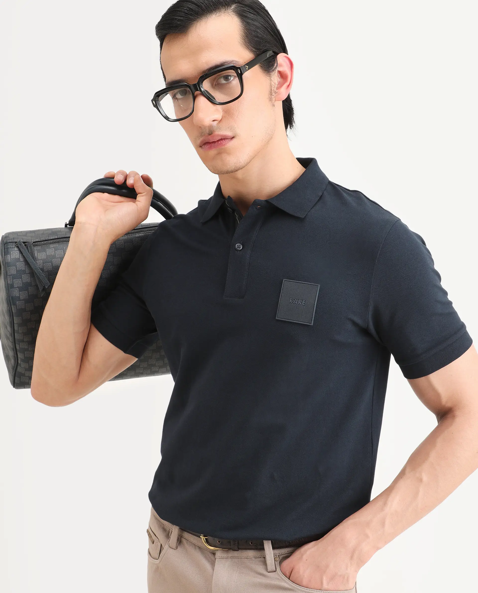 Rare Rabbit Men's Boro Dark Navy Cotton Blend Fabric Half Sleeve Spread Collar Regular Fit Plain Polo