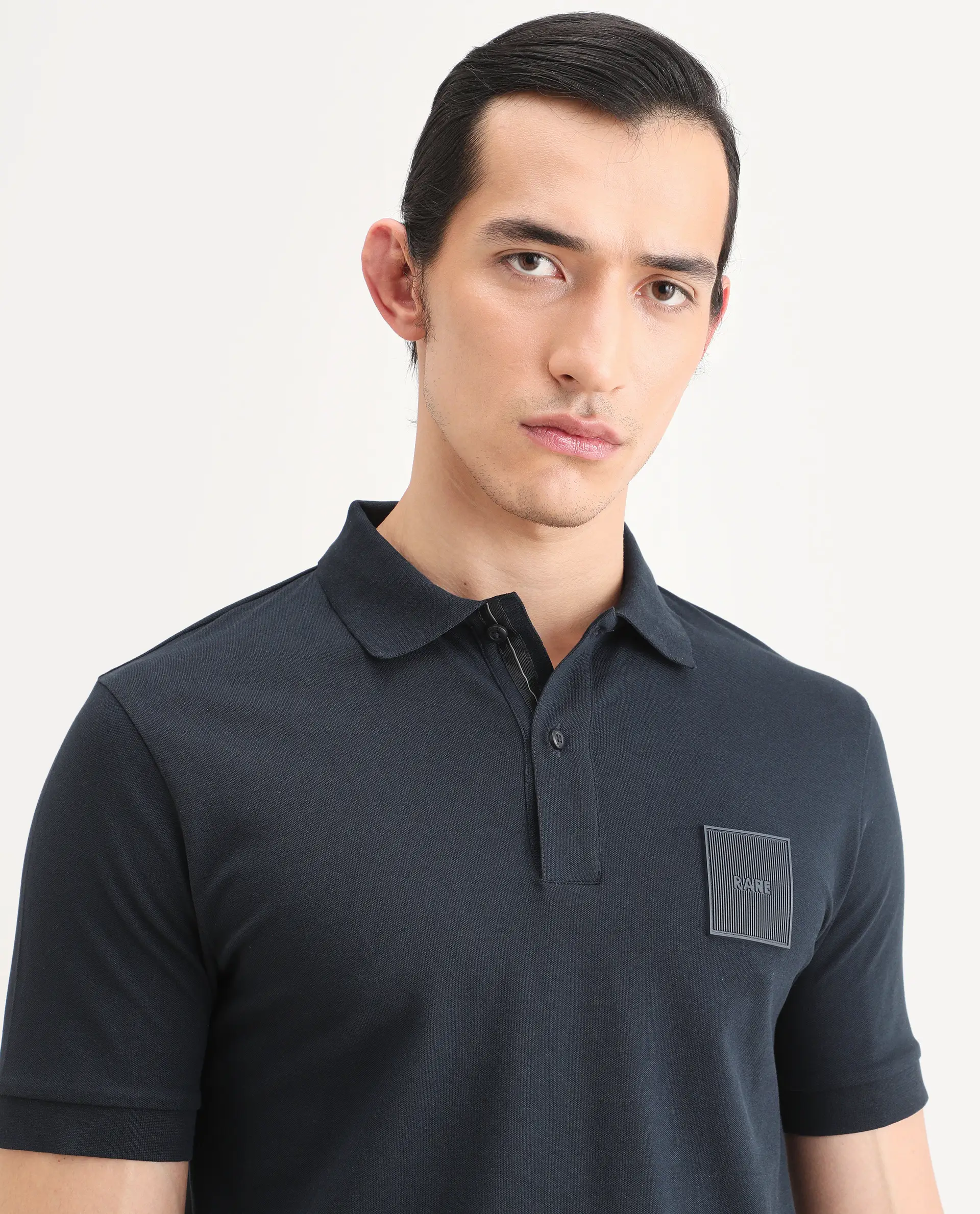 Rare Rabbit Men's Boro Dark Navy Cotton Blend Fabric Half Sleeve Spread Collar Regular Fit Plain Polo - Image 3