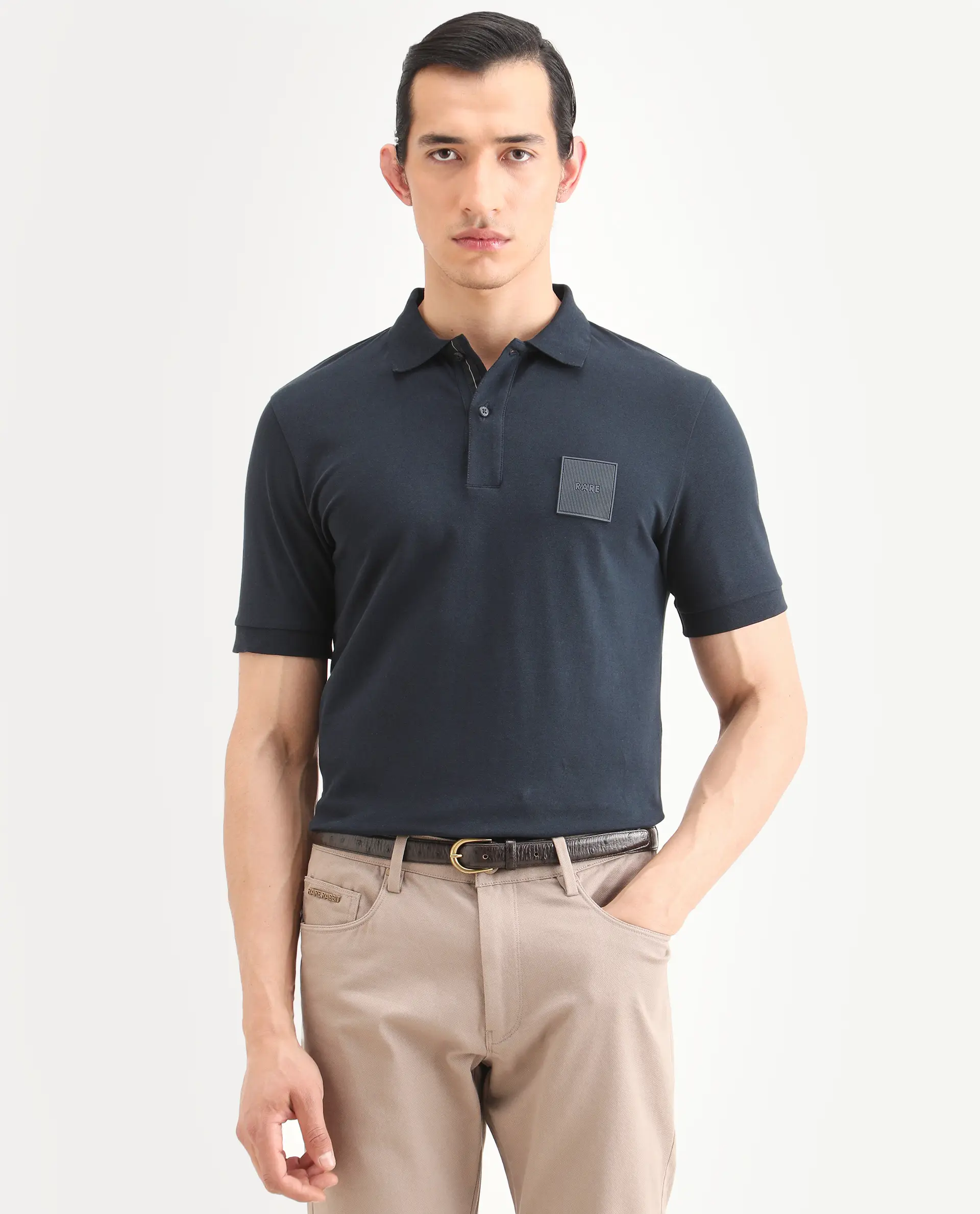Rare Rabbit Men's Boro Dark Navy Cotton Blend Fabric Half Sleeve Spread Collar Regular Fit Plain Polo - Image 4