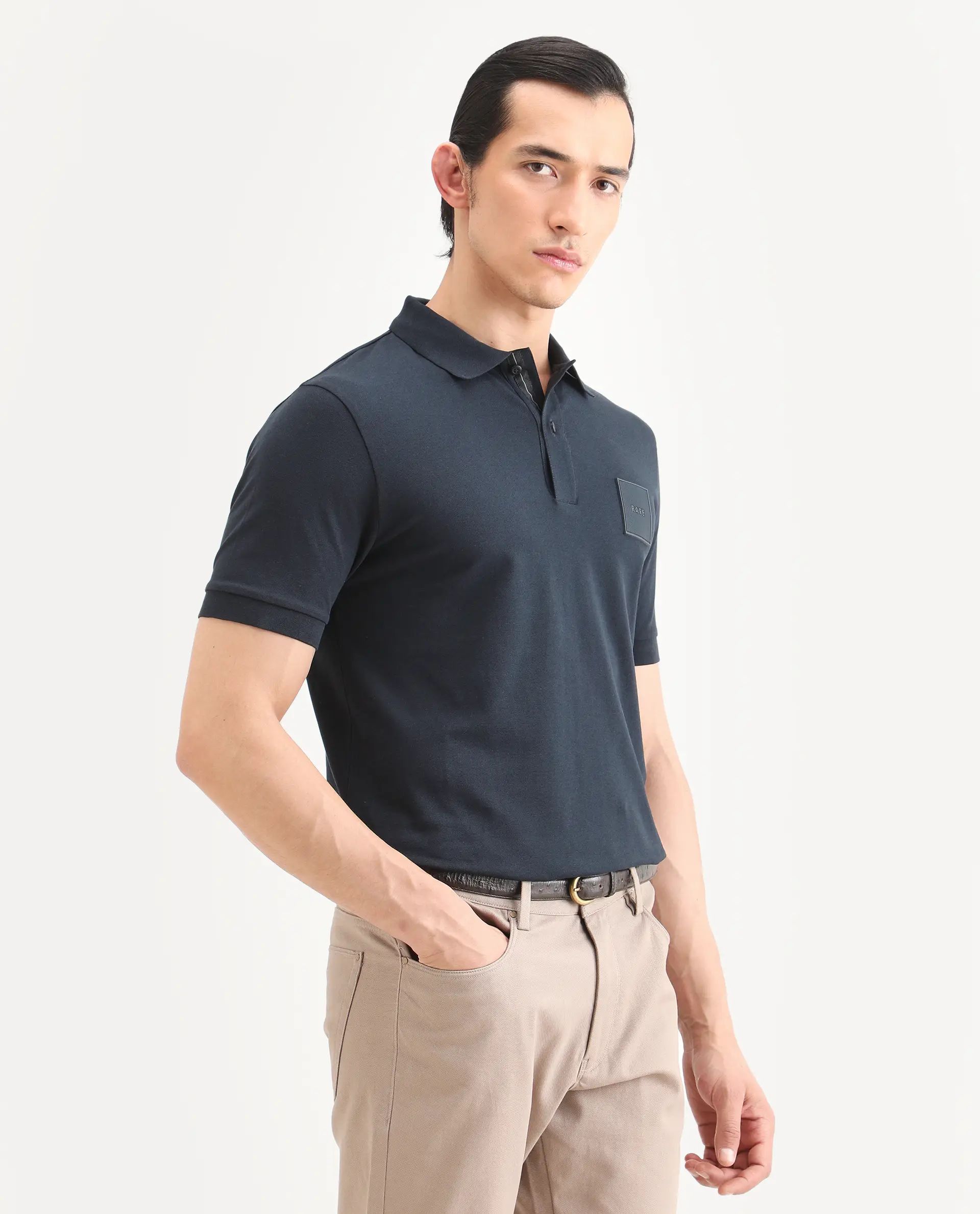 Rare Rabbit Men's Boro Dark Navy Cotton Blend Fabric Half Sleeve Spread Collar Regular Fit Plain Polo - Image 5