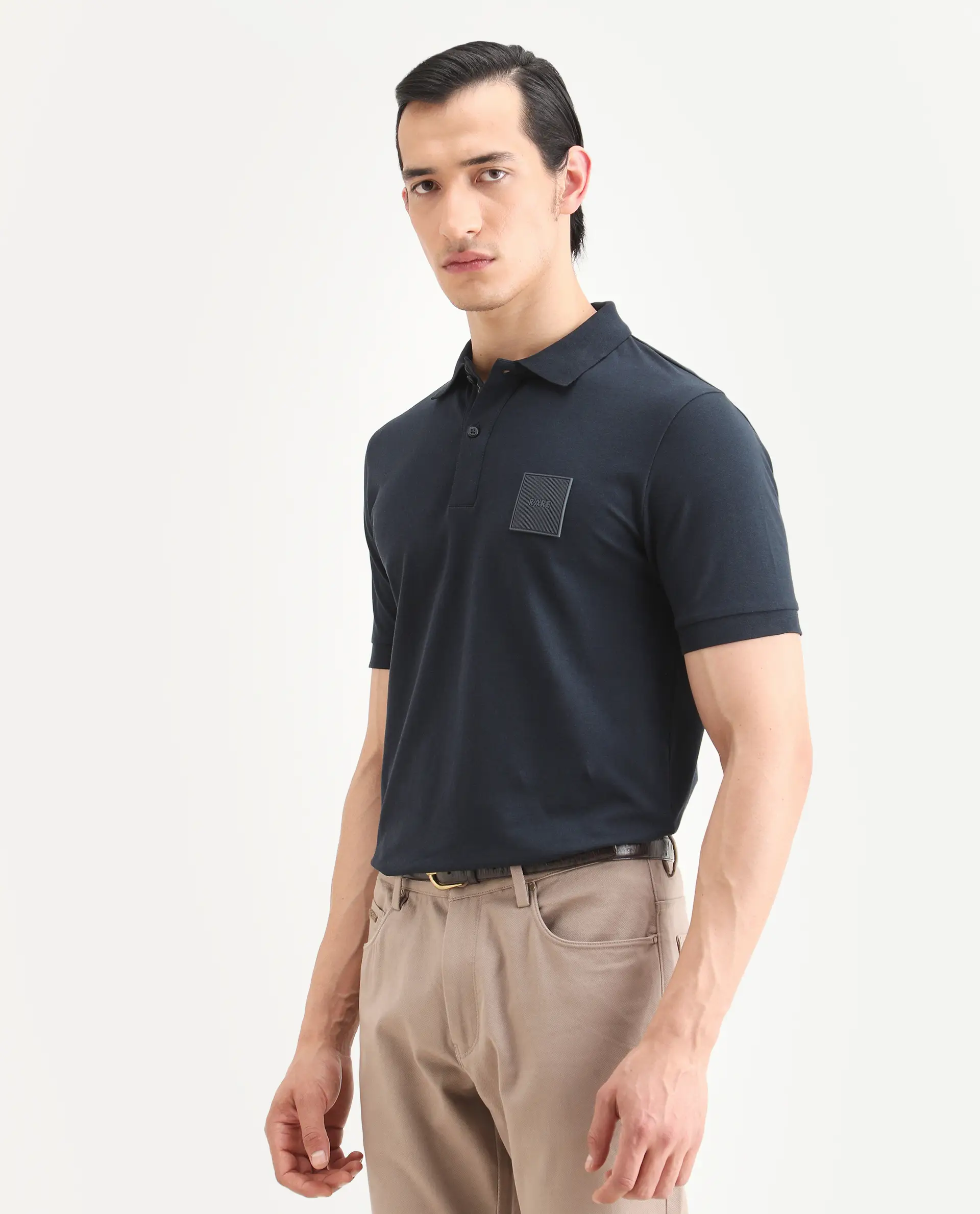 Rare Rabbit Men's Boro Dark Navy Cotton Blend Fabric Half Sleeve Spread Collar Regular Fit Plain Polo - Image 6