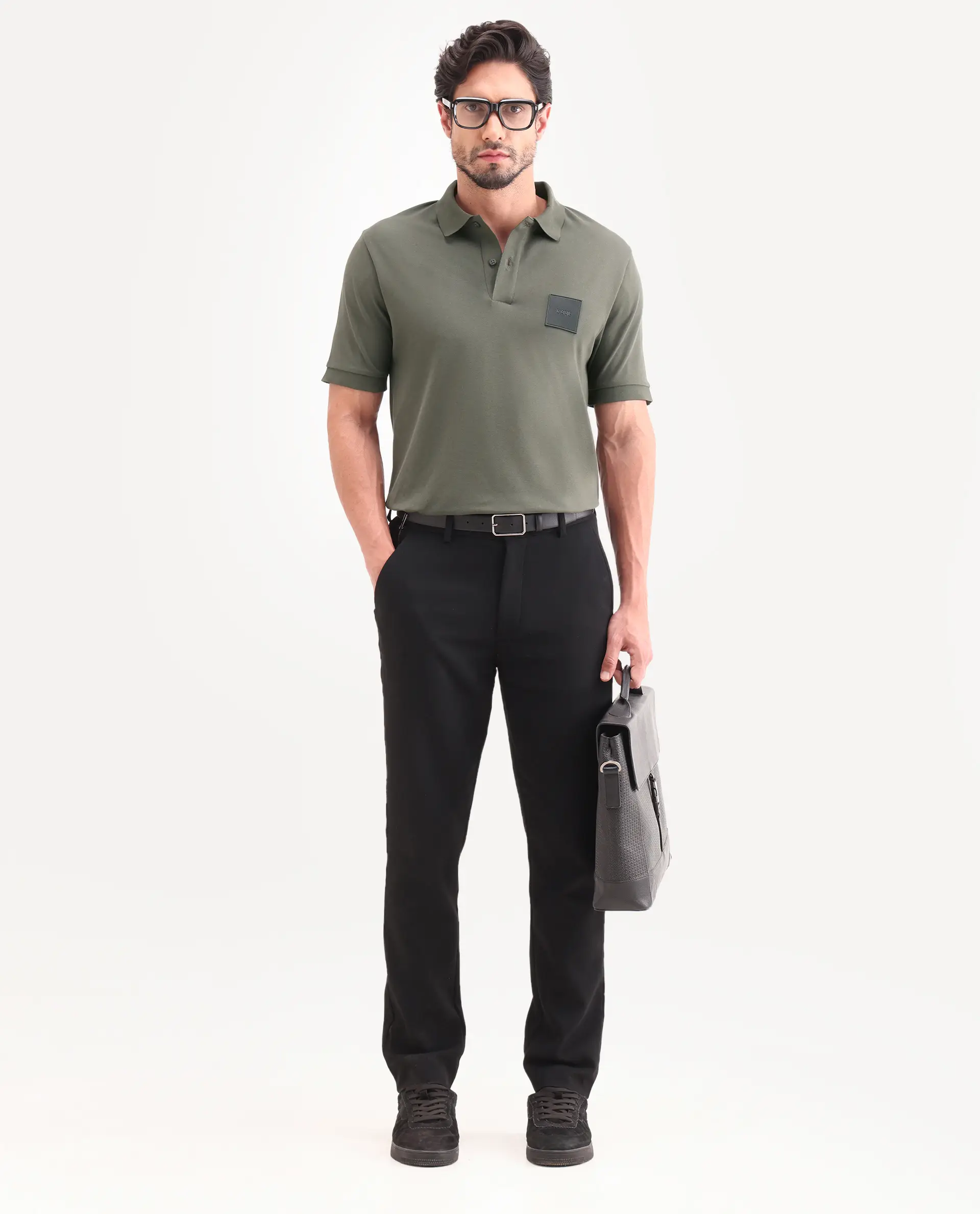 Rare Rabbit Men's Boro Dusky Olive Cotton Blend Fabric Half Sleeve Spread Collar Regular Fit Plain Polo - Image 2