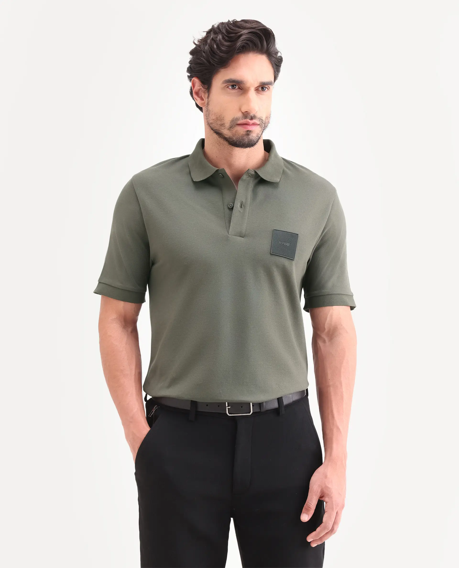 Rare Rabbit Men's Boro Dusky Olive Cotton Blend Fabric Half Sleeve Spread Collar Regular Fit Plain Polo - Image 4