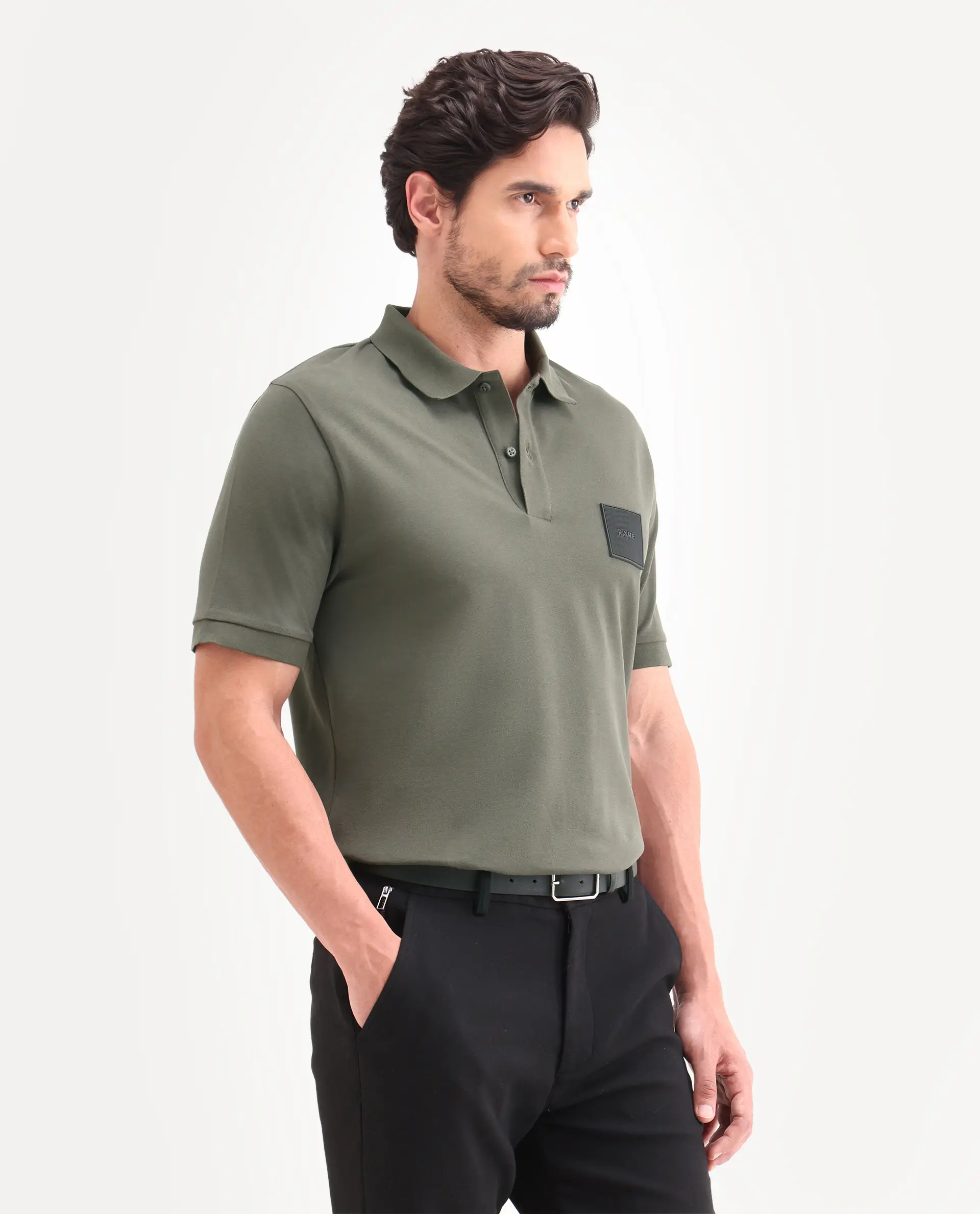 Rare Rabbit Men's Boro Dusky Olive Cotton Blend Fabric Half Sleeve Spread Collar Regular Fit Plain Polo - Image 5