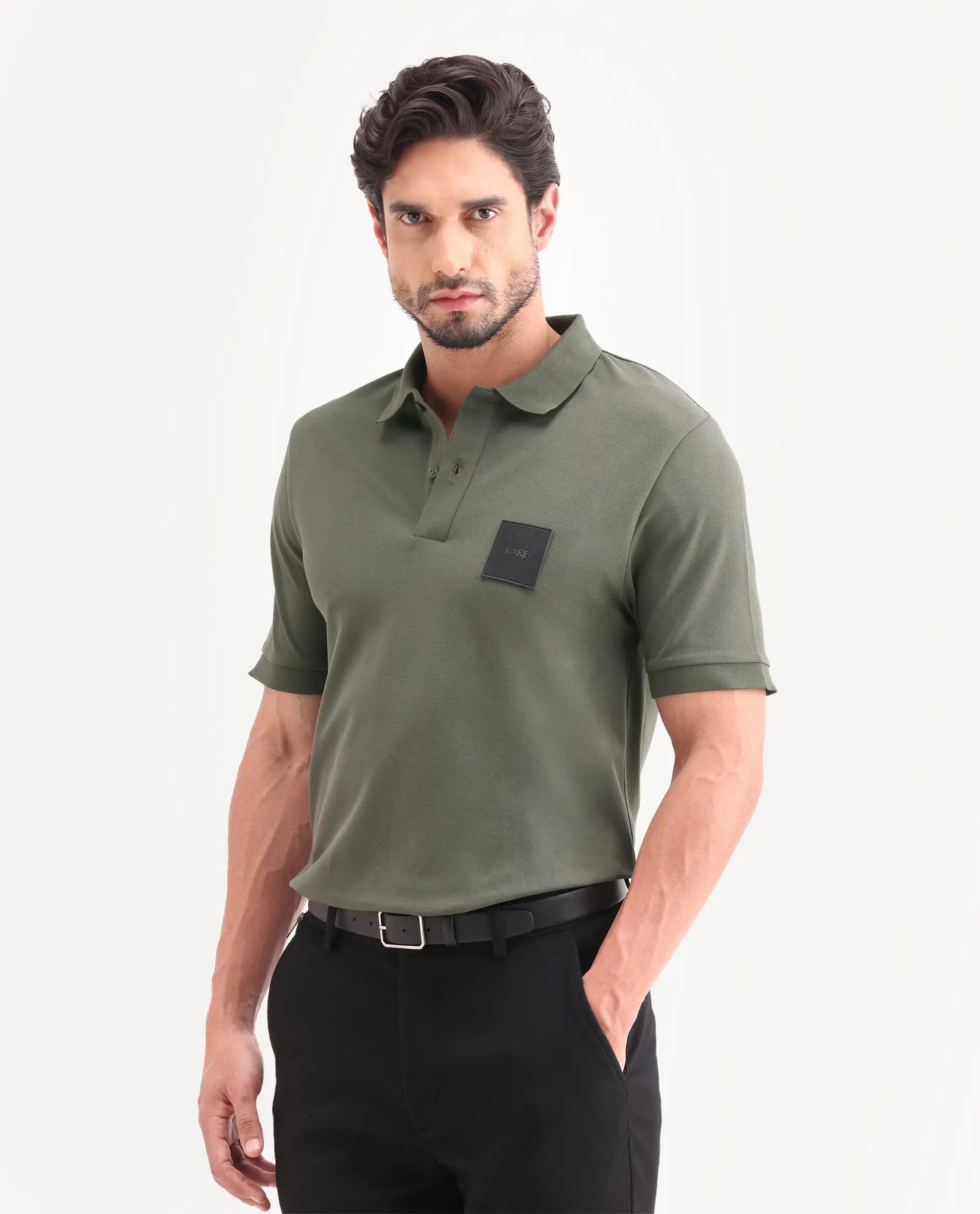 Rare Rabbit Men's Boro Dusky Olive Cotton Blend Fabric Half Sleeve Spread Collar Regular Fit Plain Polo - Image 6