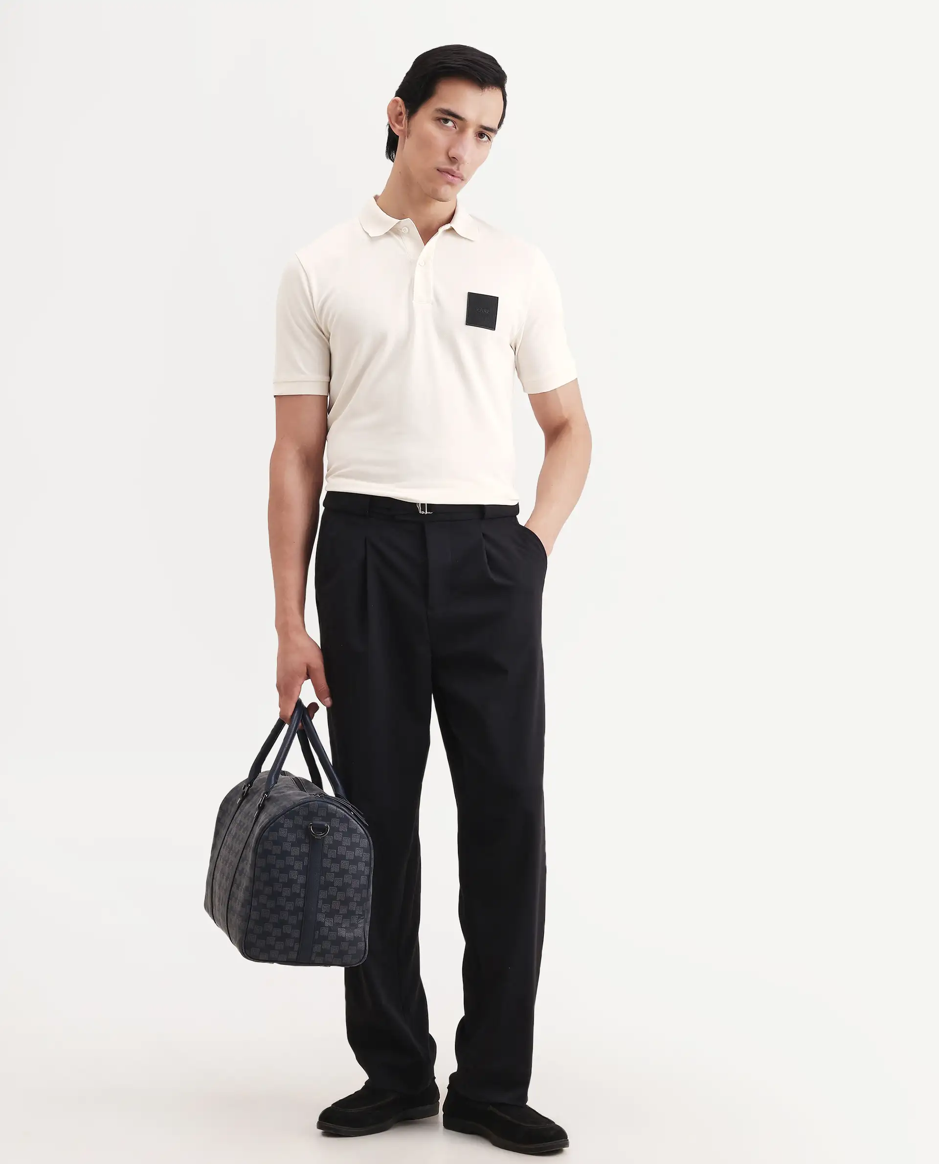 Rare Rabbit Men's Boro Off White Cotton Blend Fabric Half Sleeve Spread Collar Regular Fit Plain Polo - Image 2