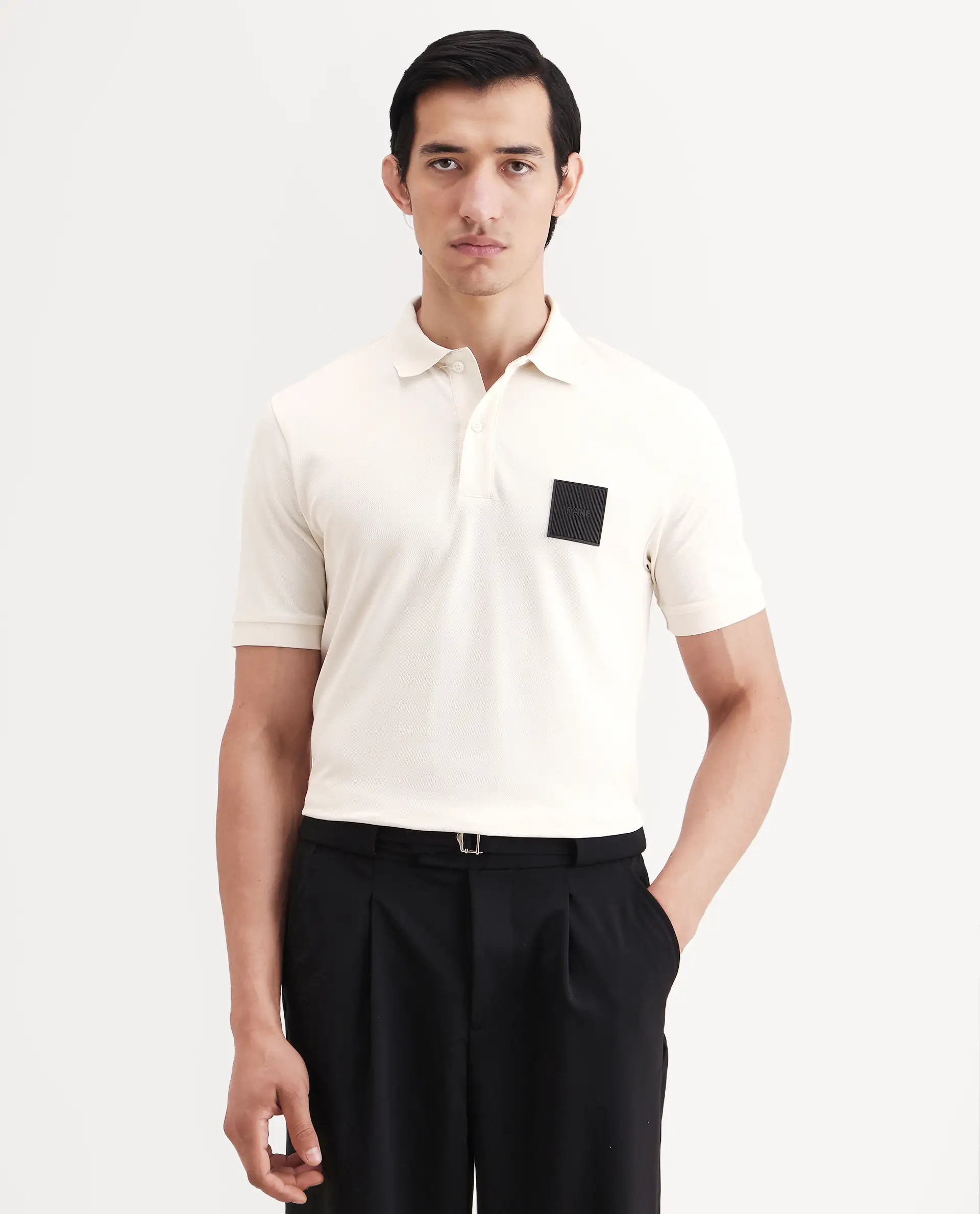 Rare Rabbit Men's Boro Off White Cotton Blend Fabric Half Sleeve Spread Collar Regular Fit Plain Polo - Image 4