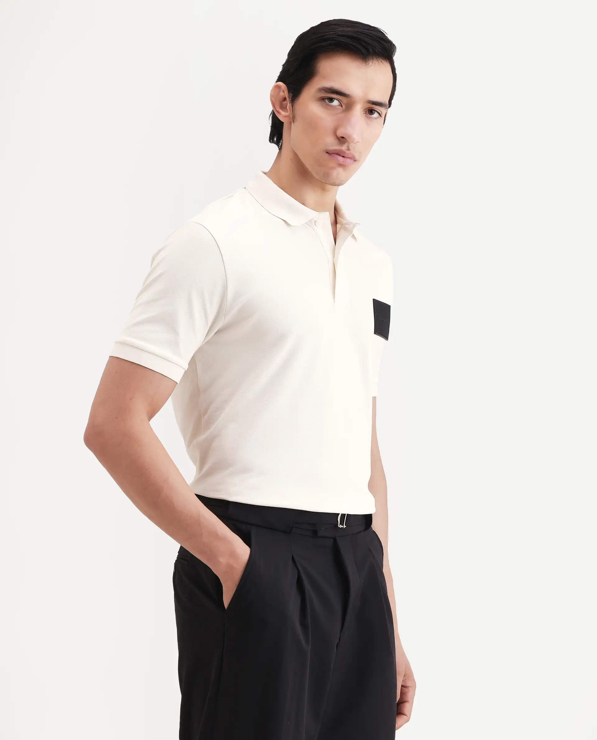 Rare Rabbit Men's Boro Off White Cotton Blend Fabric Half Sleeve Spread Collar Regular Fit Plain Polo - Image 6
