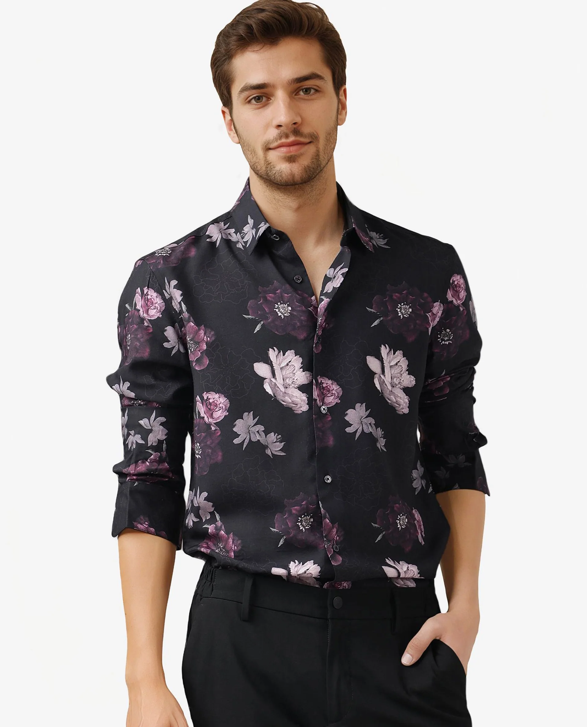 Rare Rabbit Men's Boro Purple Viscose Floral Print Regular Fit Full Sleeve Collared Shirt - Image 2