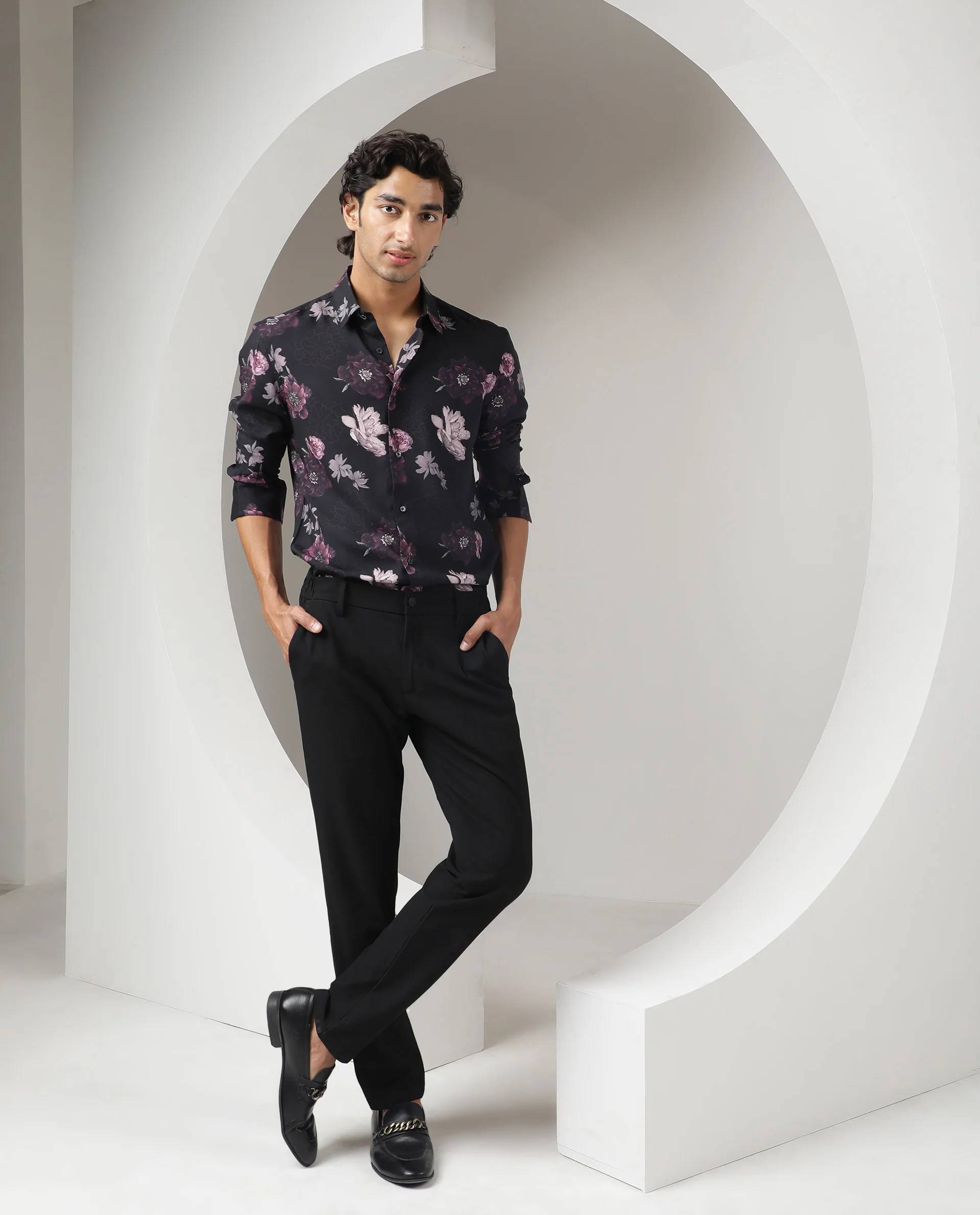 Rare Rabbit Men's Boro Purple Viscose Floral Print Regular Fit Full Sleeve Collared Shirt - Image 3