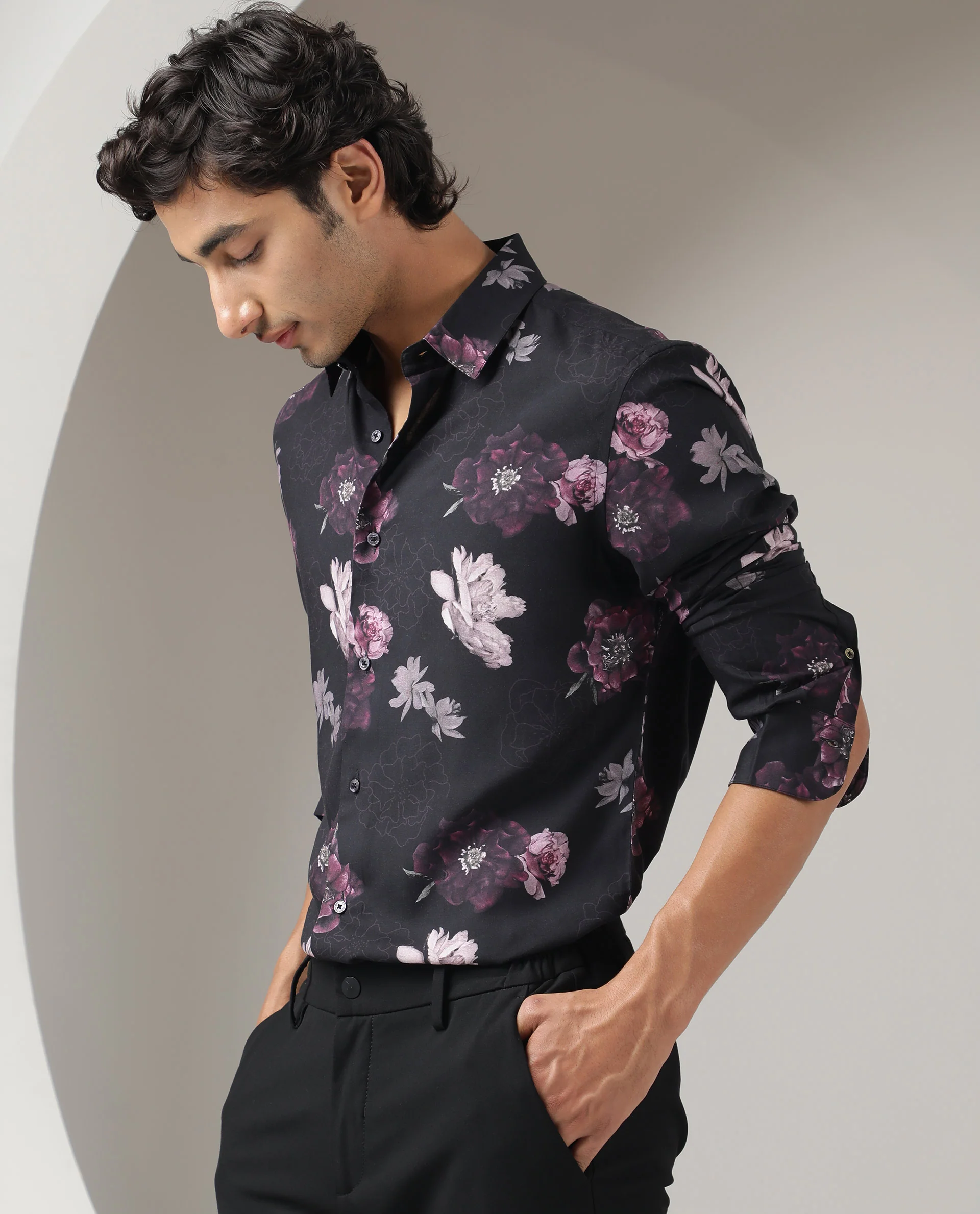 Rare Rabbit Men's Boro Purple Viscose Floral Print Regular Fit Full Sleeve Collared Shirt - Image 4